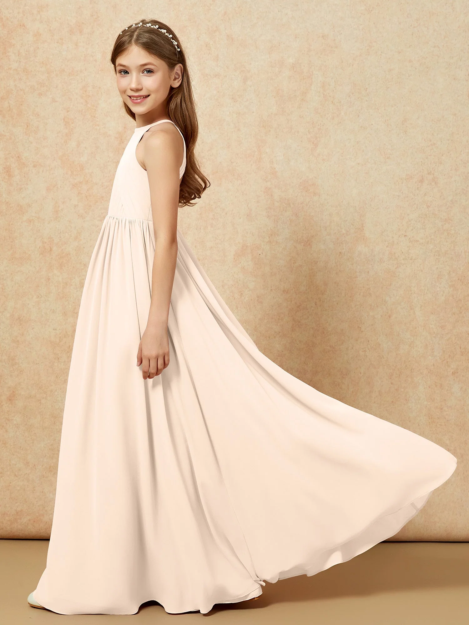 Halshalter Plissee Lang Chiffon Junge Brautjungfernkleider Pfirsich - Image 7