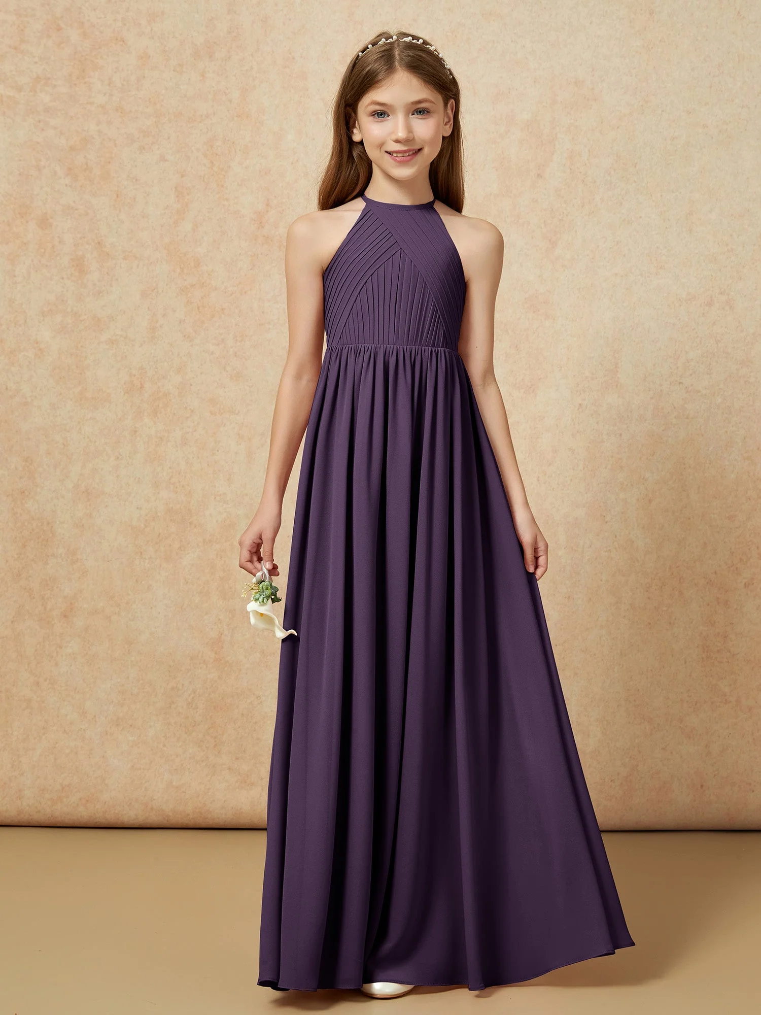 Halshalter Plissee Lang Chiffon Junge Brautjungfernkleider Plum