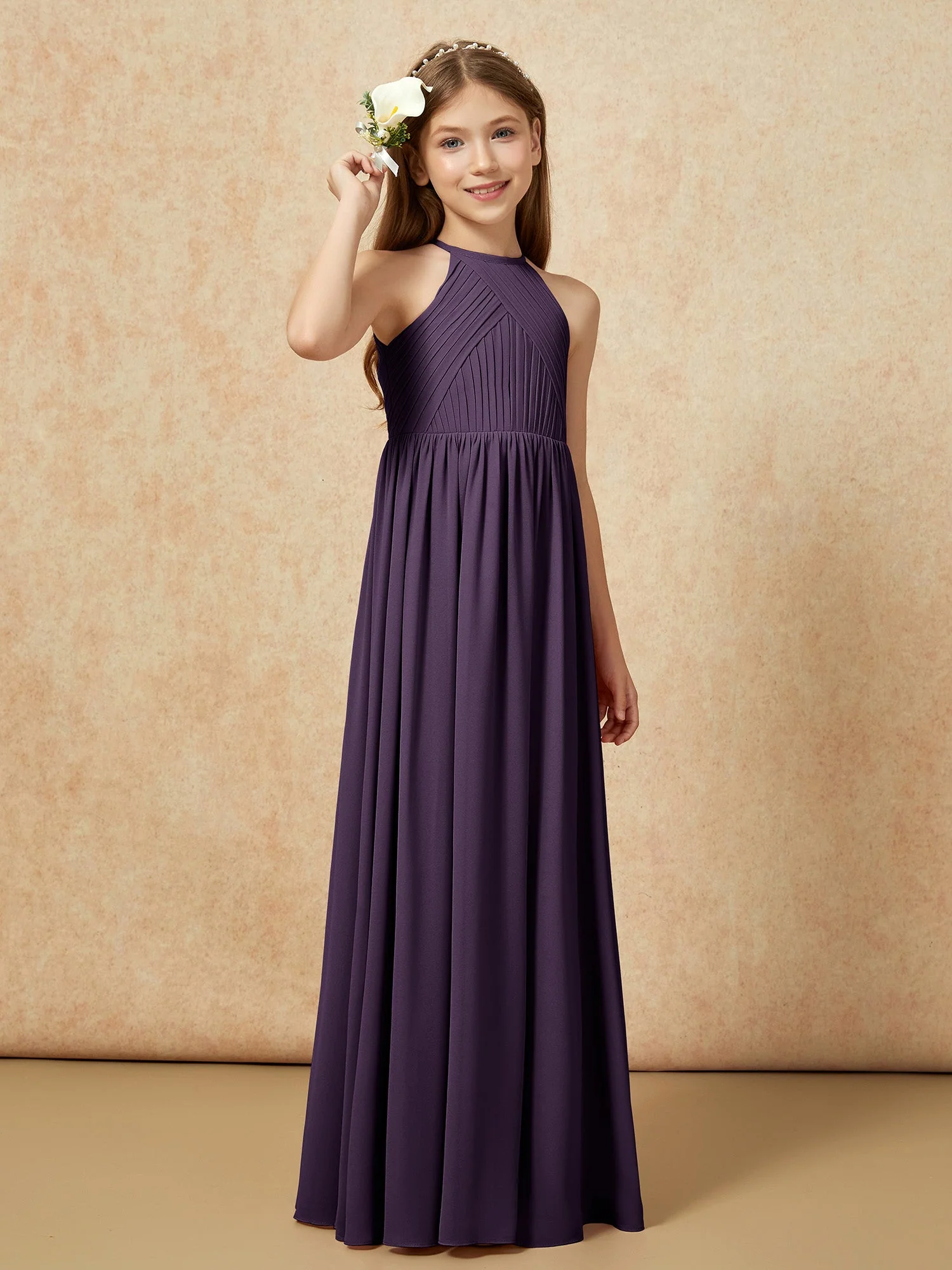 Halshalter Plissee Lang Chiffon Junge Brautjungfernkleider Plum - Image 4
