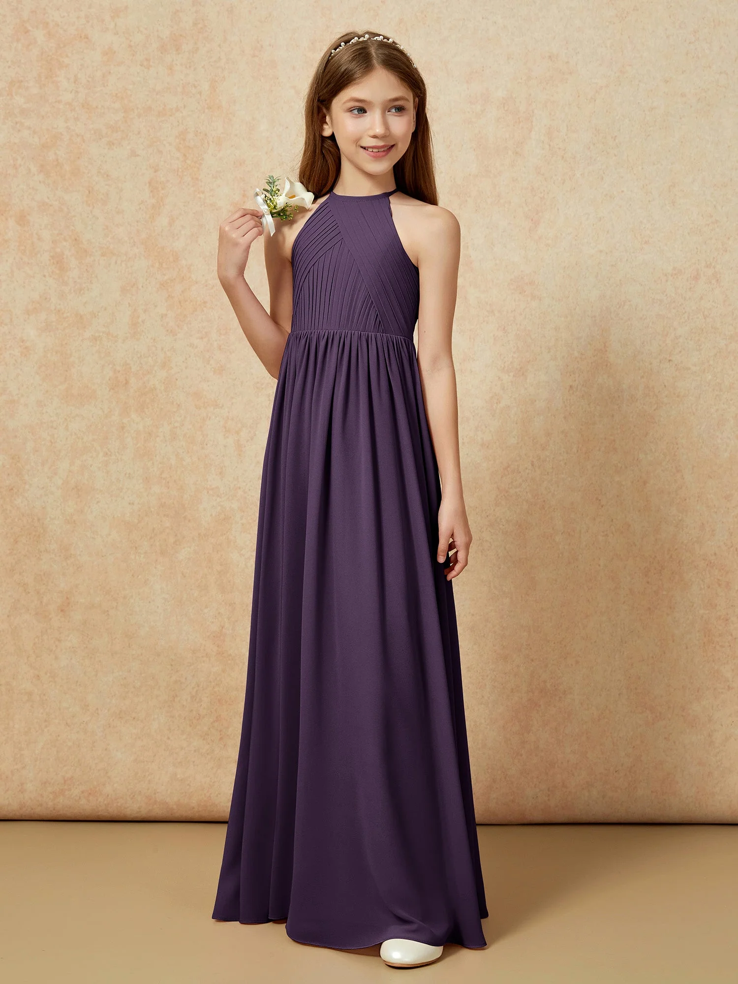 Halshalter Plissee Lang Chiffon Junge Brautjungfernkleider Plum - Image 5