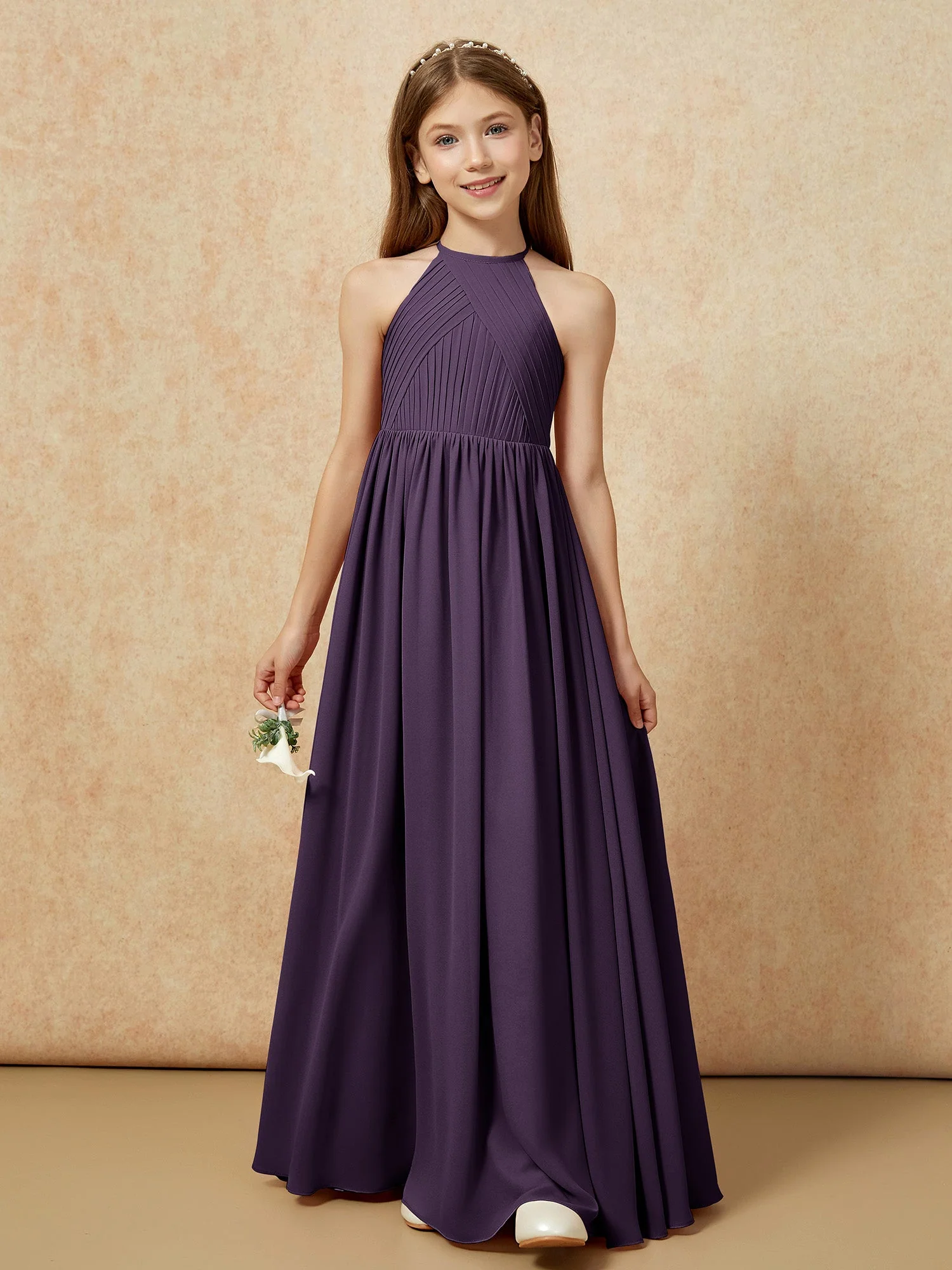 Halshalter Plissee Lang Chiffon Junge Brautjungfernkleider Plum - Image 6