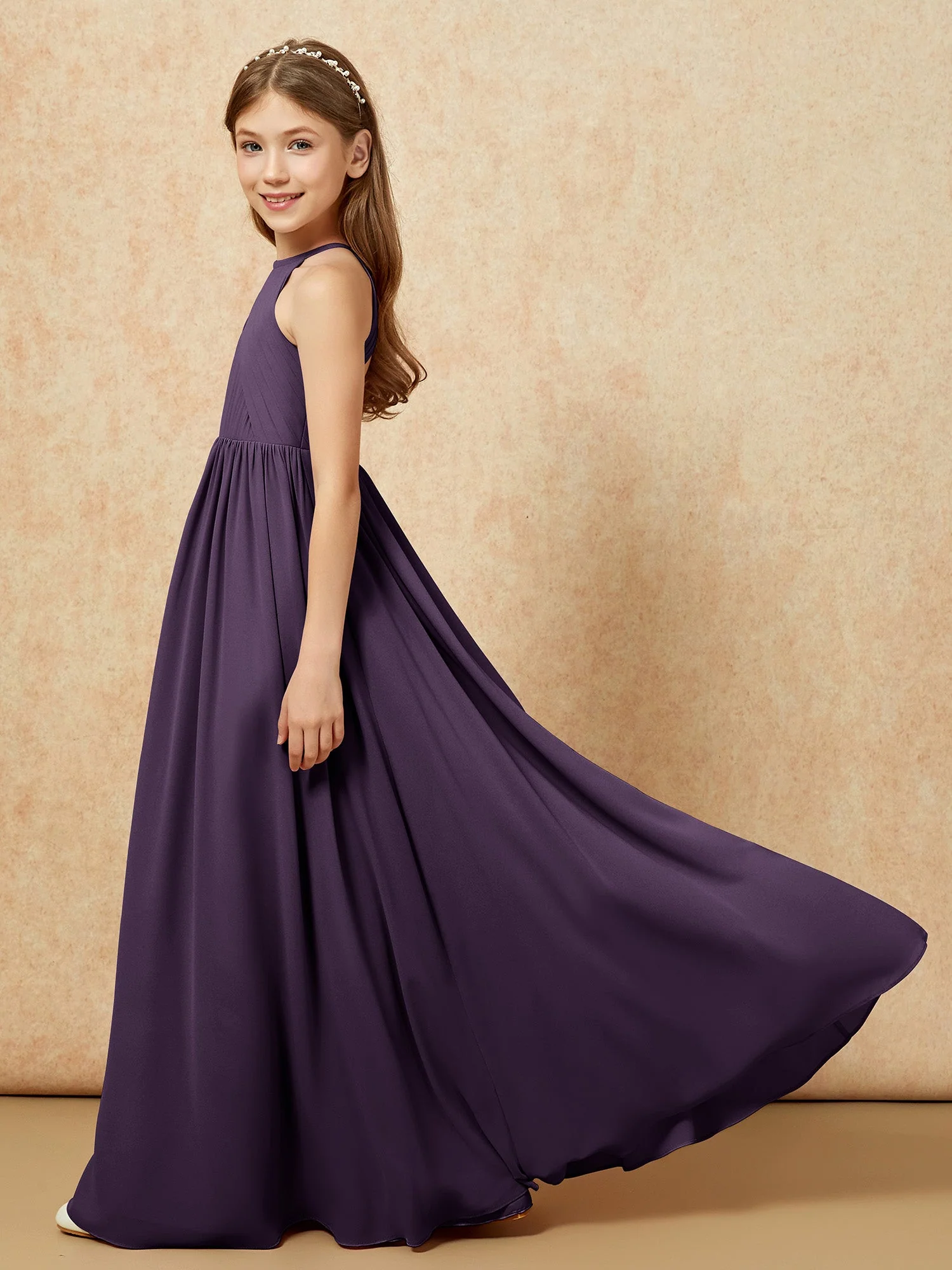 Halshalter Plissee Lang Chiffon Junge Brautjungfernkleider Plum - Image 7