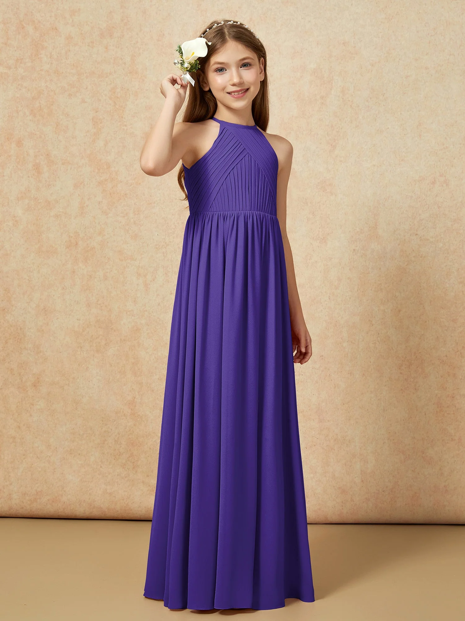 Halshalter Plissee Lang Chiffon Junge Brautjungfernkleider Regentschaft - Image 4