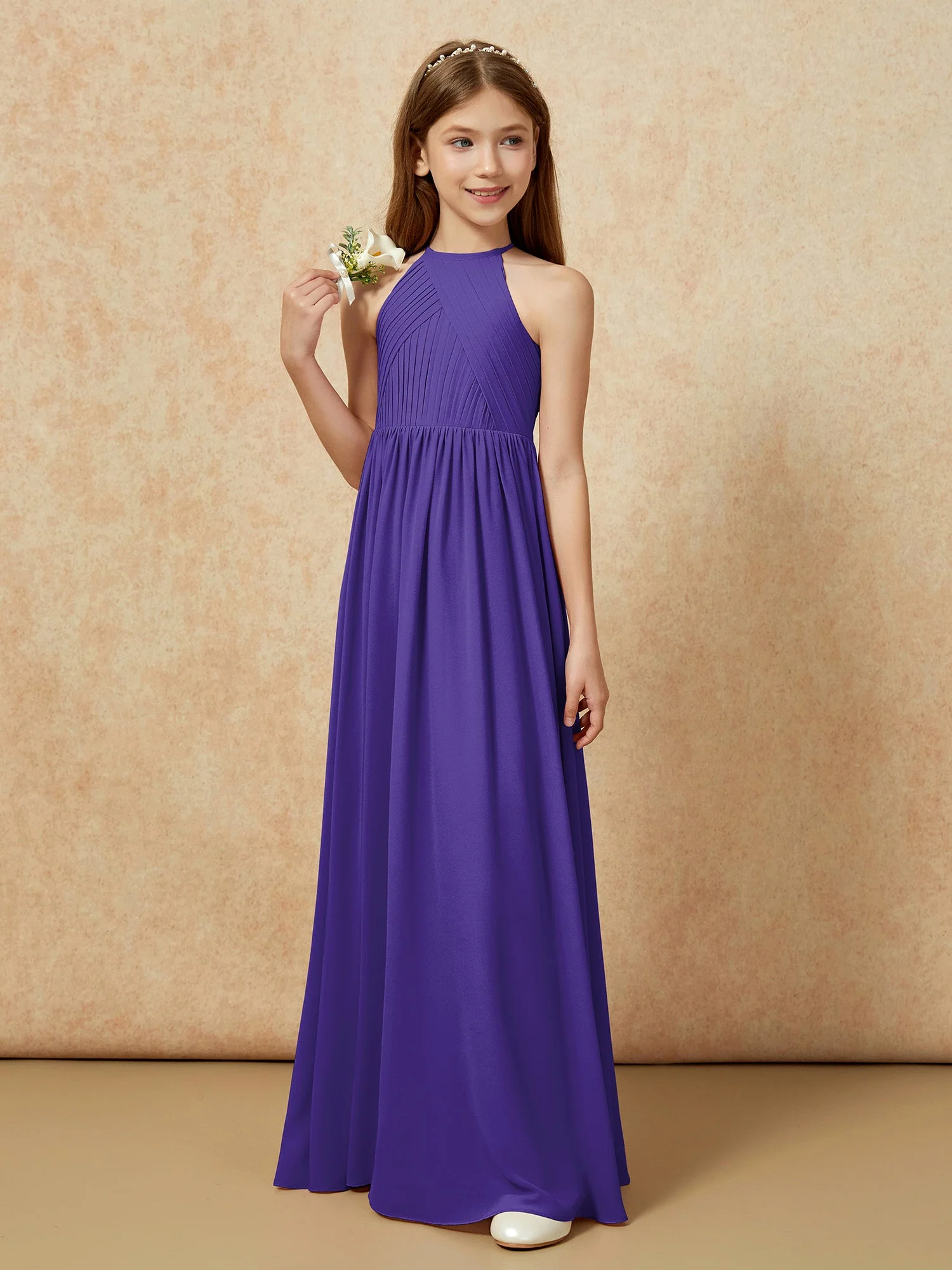 Halshalter Plissee Lang Chiffon Junge Brautjungfernkleider Regentschaft - Image 5