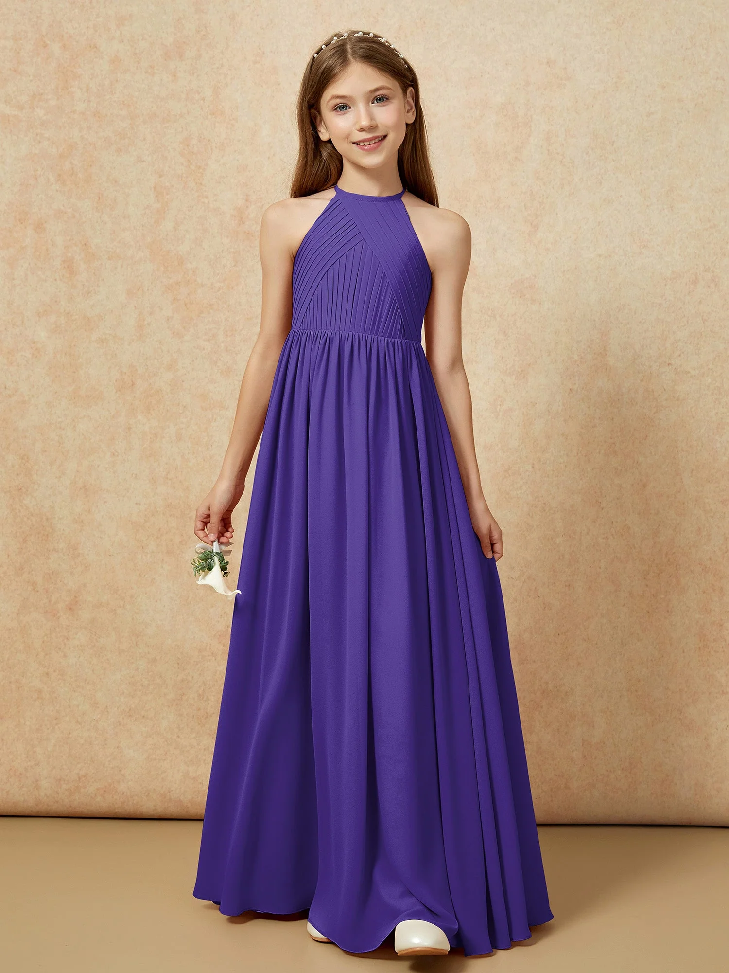 Halshalter Plissee Lang Chiffon Junge Brautjungfernkleider Regentschaft - Image 6