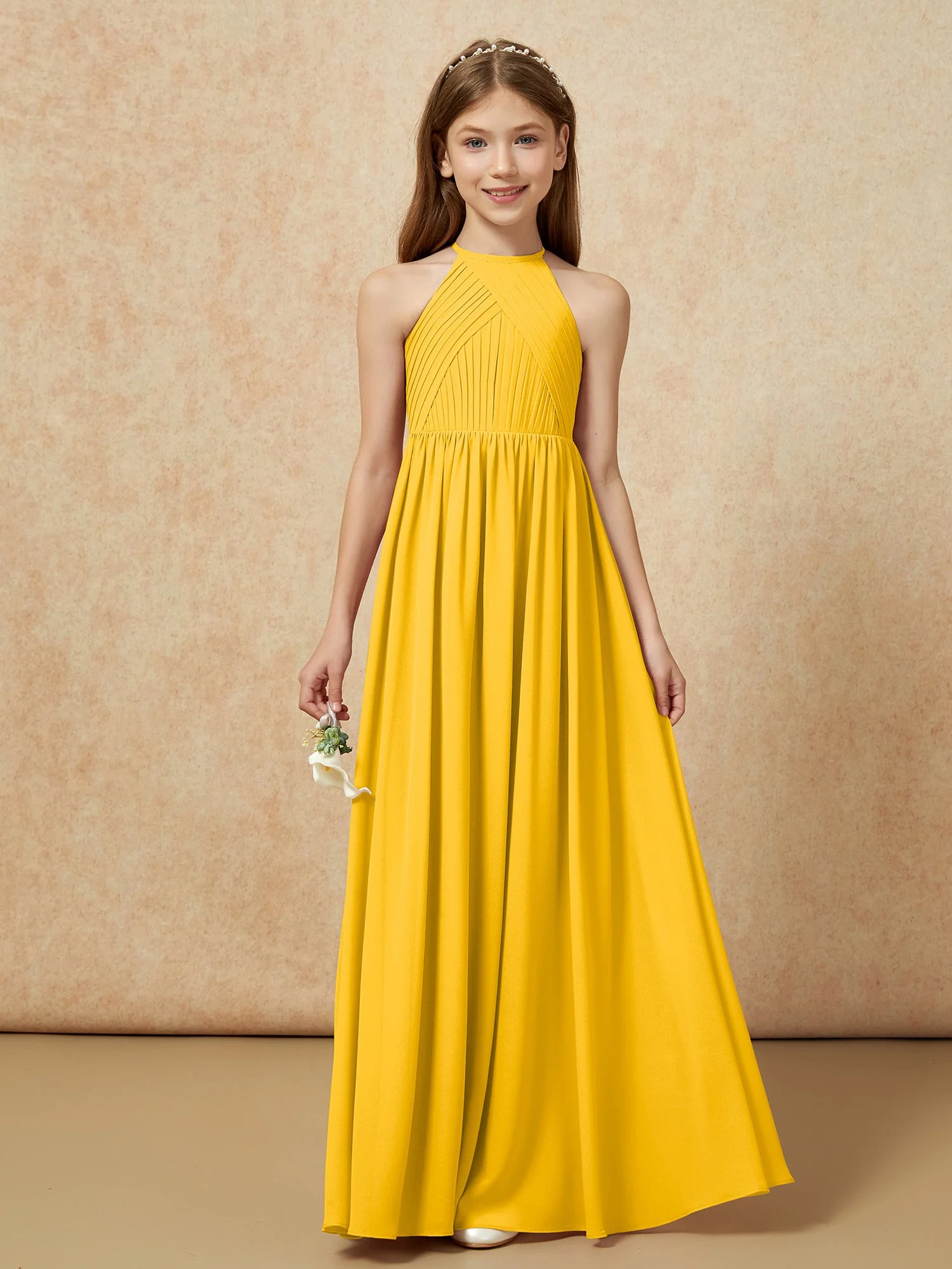 Halshalter Plissee Lang Chiffon Junge Brautjungfernkleider Ringelblume