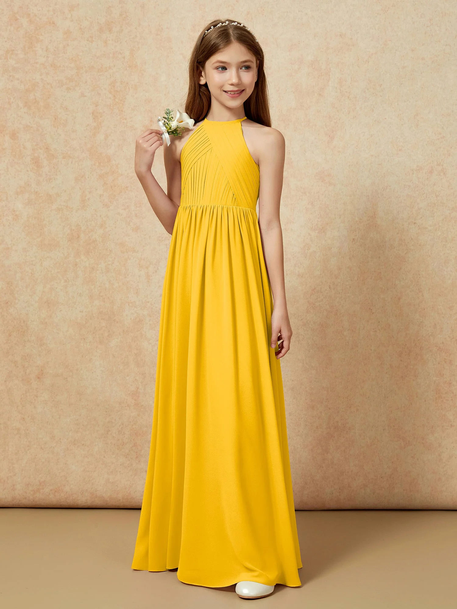 Halshalter Plissee Lang Chiffon Junge Brautjungfernkleider Ringelblume - Image 5