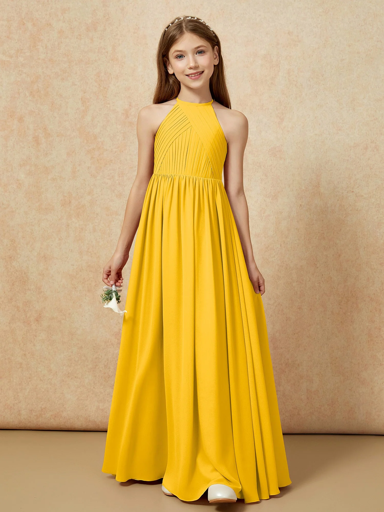 Halshalter Plissee Lang Chiffon Junge Brautjungfernkleider Ringelblume - Image 6