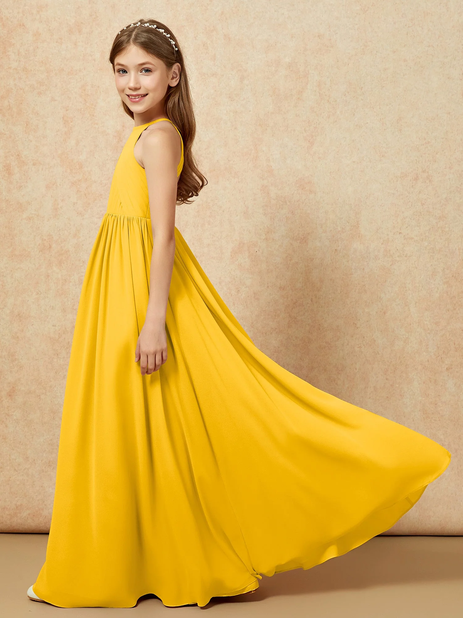 Halshalter Plissee Lang Chiffon Junge Brautjungfernkleider Ringelblume - Image 7