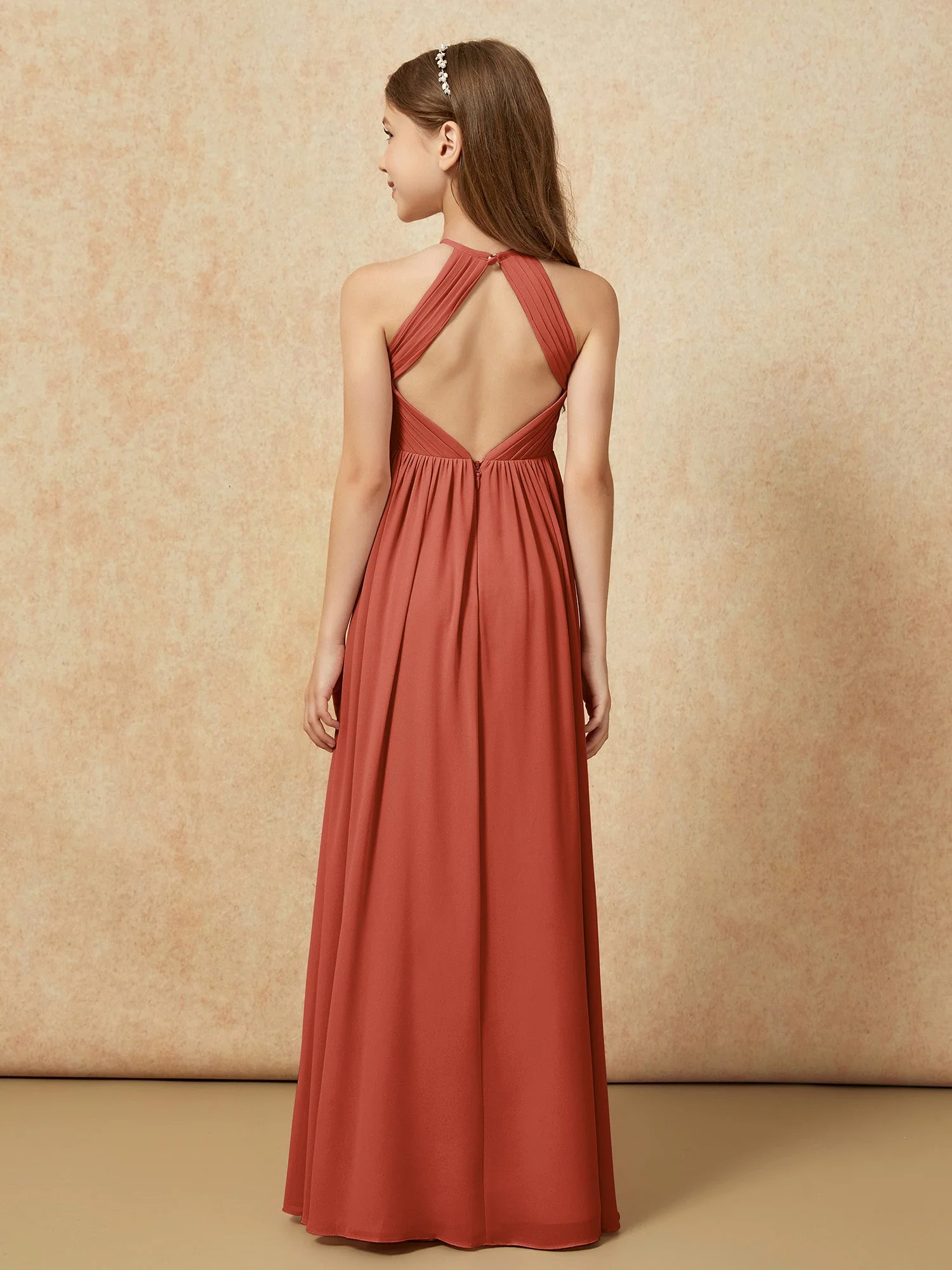Halshalter Plissee Lang Chiffon Junge Brautjungfernkleider Rost - Image 2