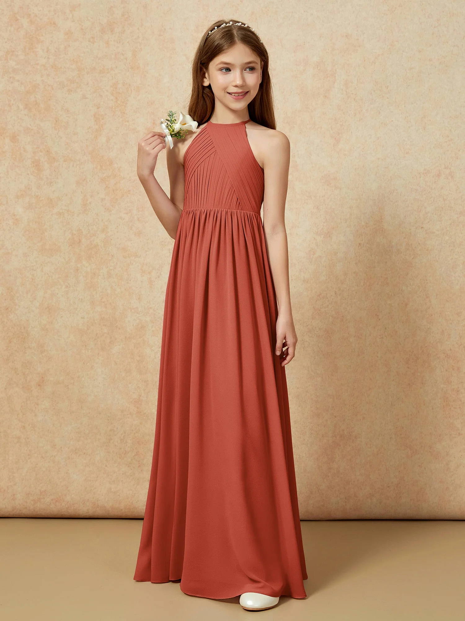 Halshalter Plissee Lang Chiffon Junge Brautjungfernkleider Rost - Image 5