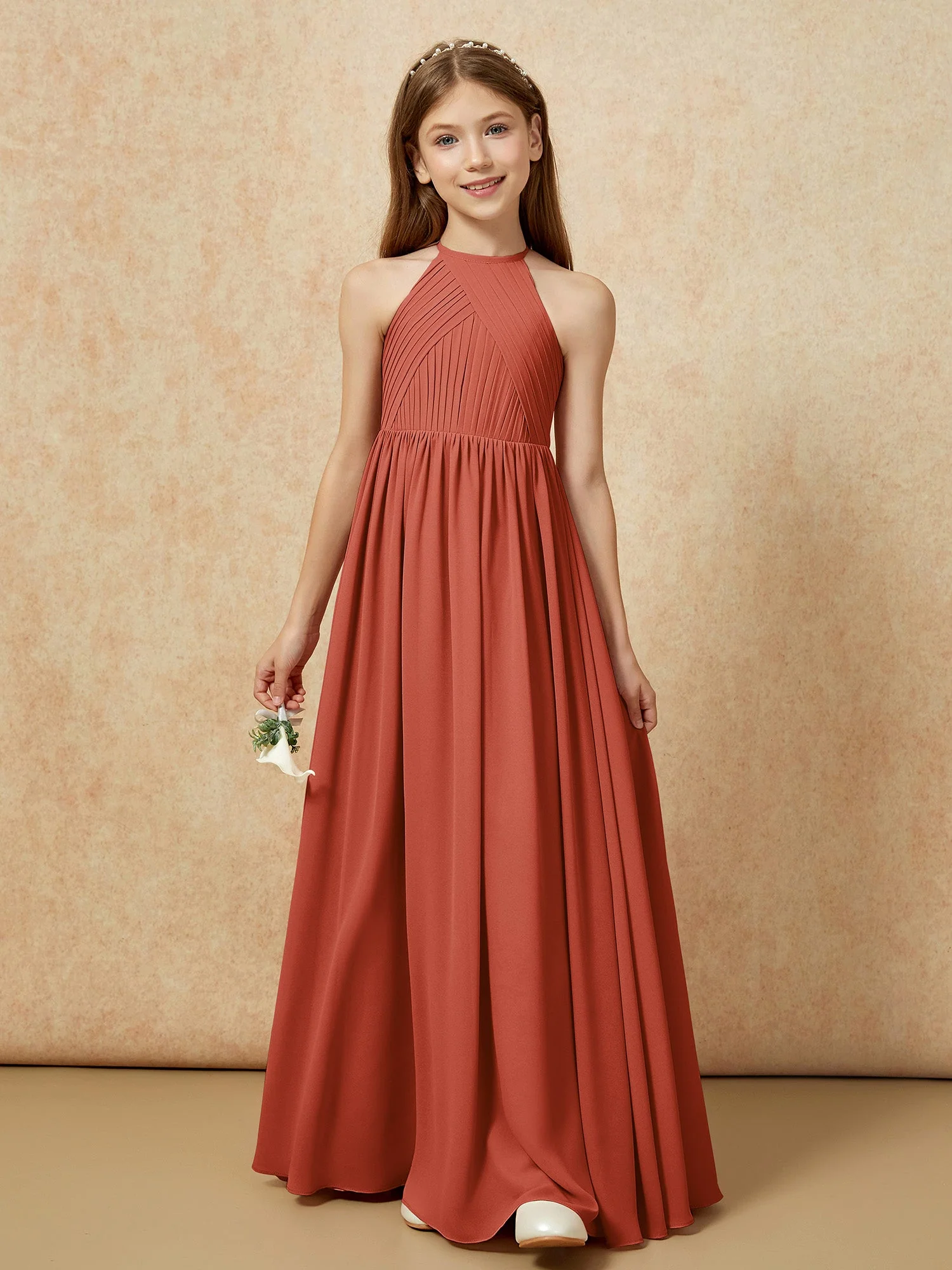 Halshalter Plissee Lang Chiffon Junge Brautjungfernkleider Rost - Image 6