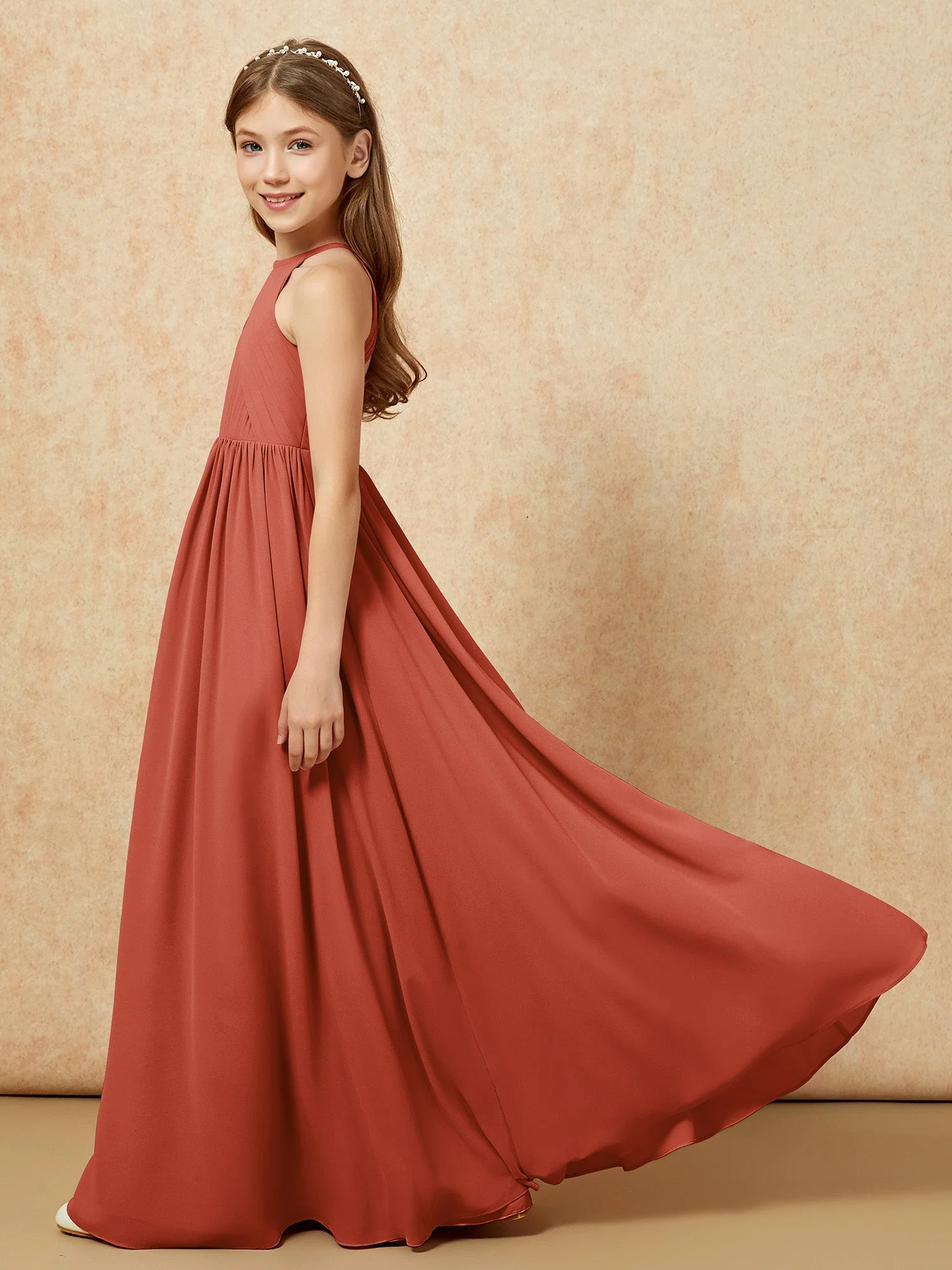 Halshalter Plissee Lang Chiffon Junge Brautjungfernkleider Rost - Image 7