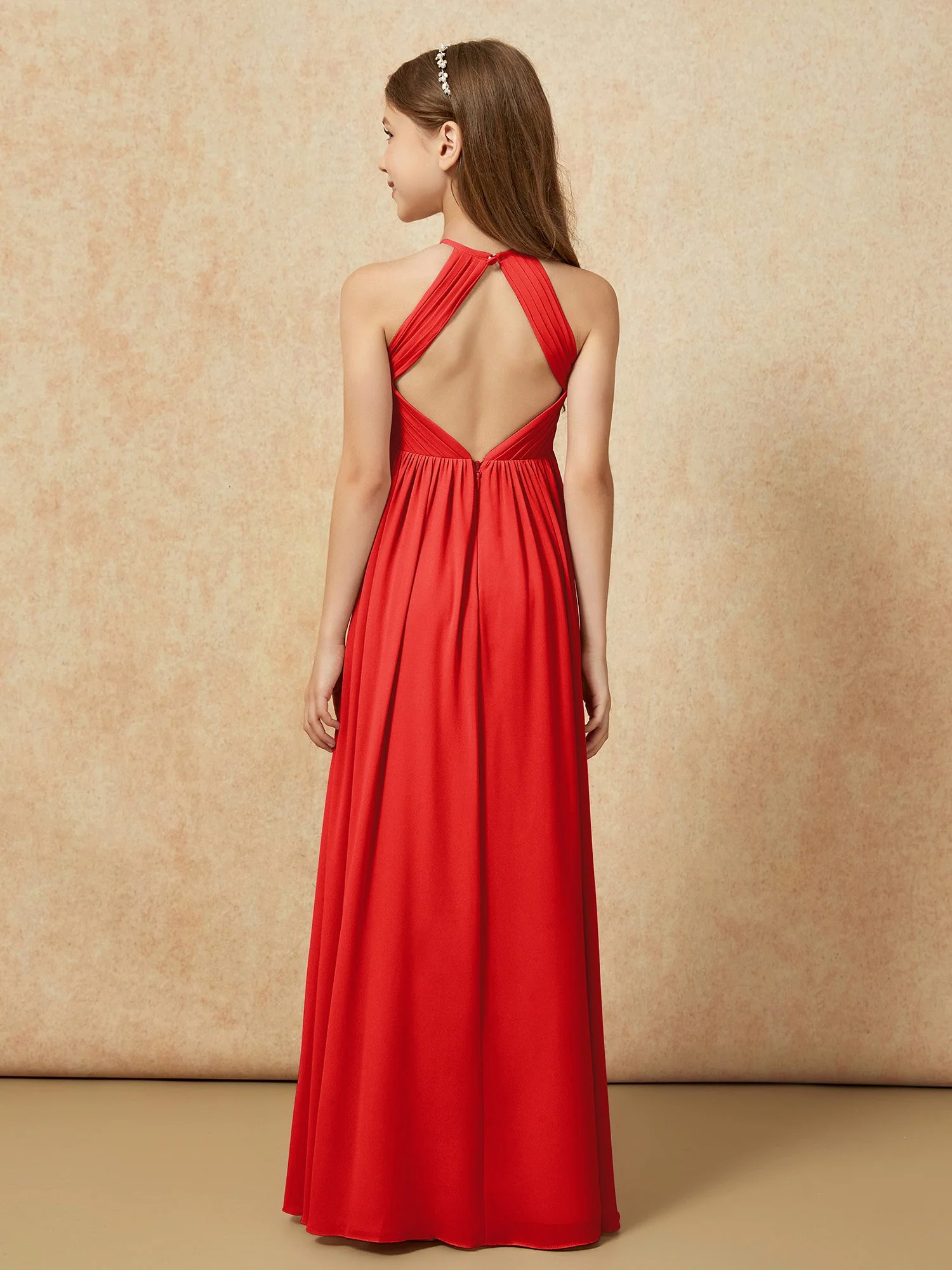 Halshalter Plissee Lang Chiffon Junge Brautjungfernkleider Rot - Image 2