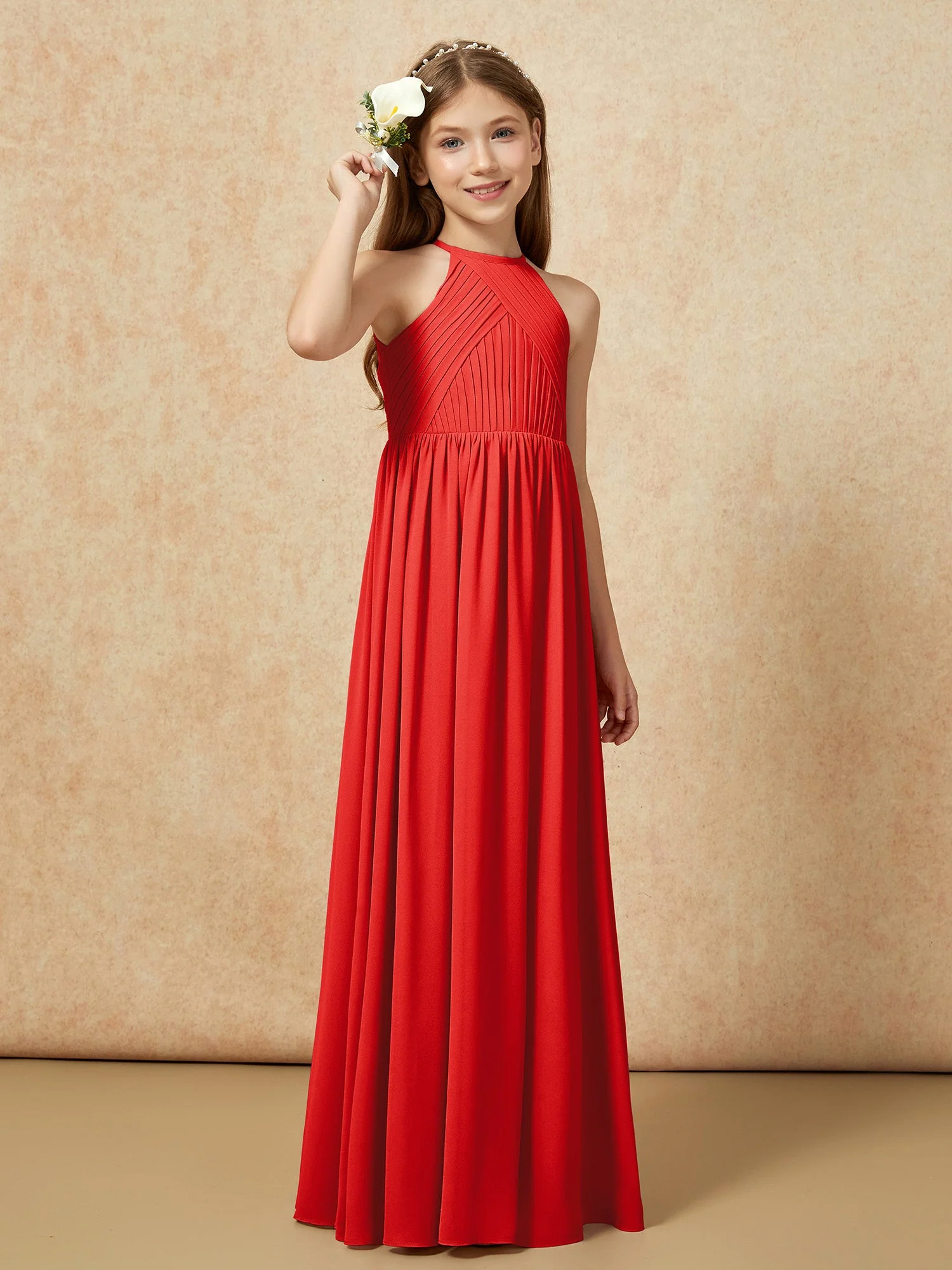 Halshalter Plissee Lang Chiffon Junge Brautjungfernkleider Rot - Image 4