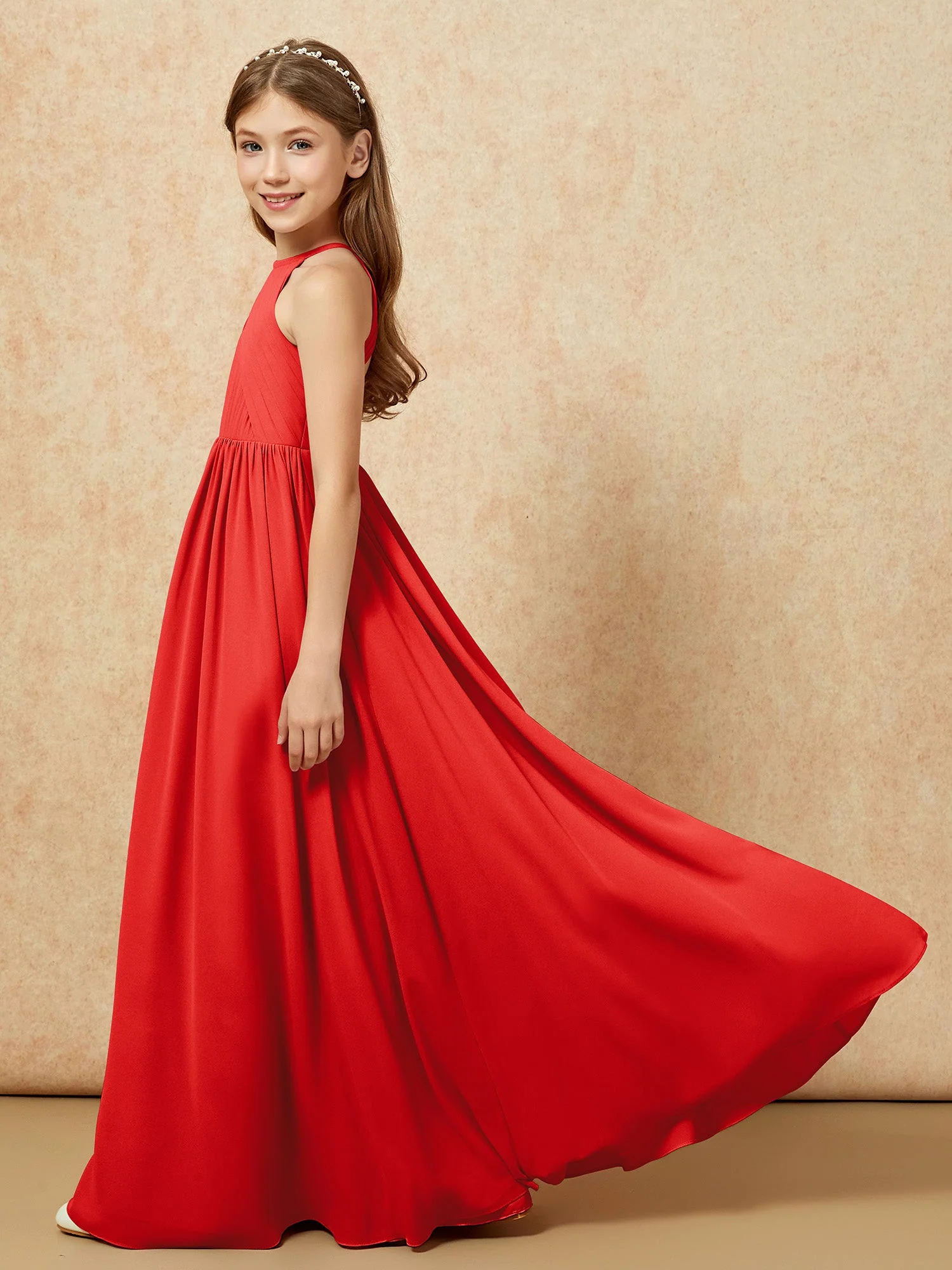 Halshalter Plissee Lang Chiffon Junge Brautjungfernkleider Rot - Image 7