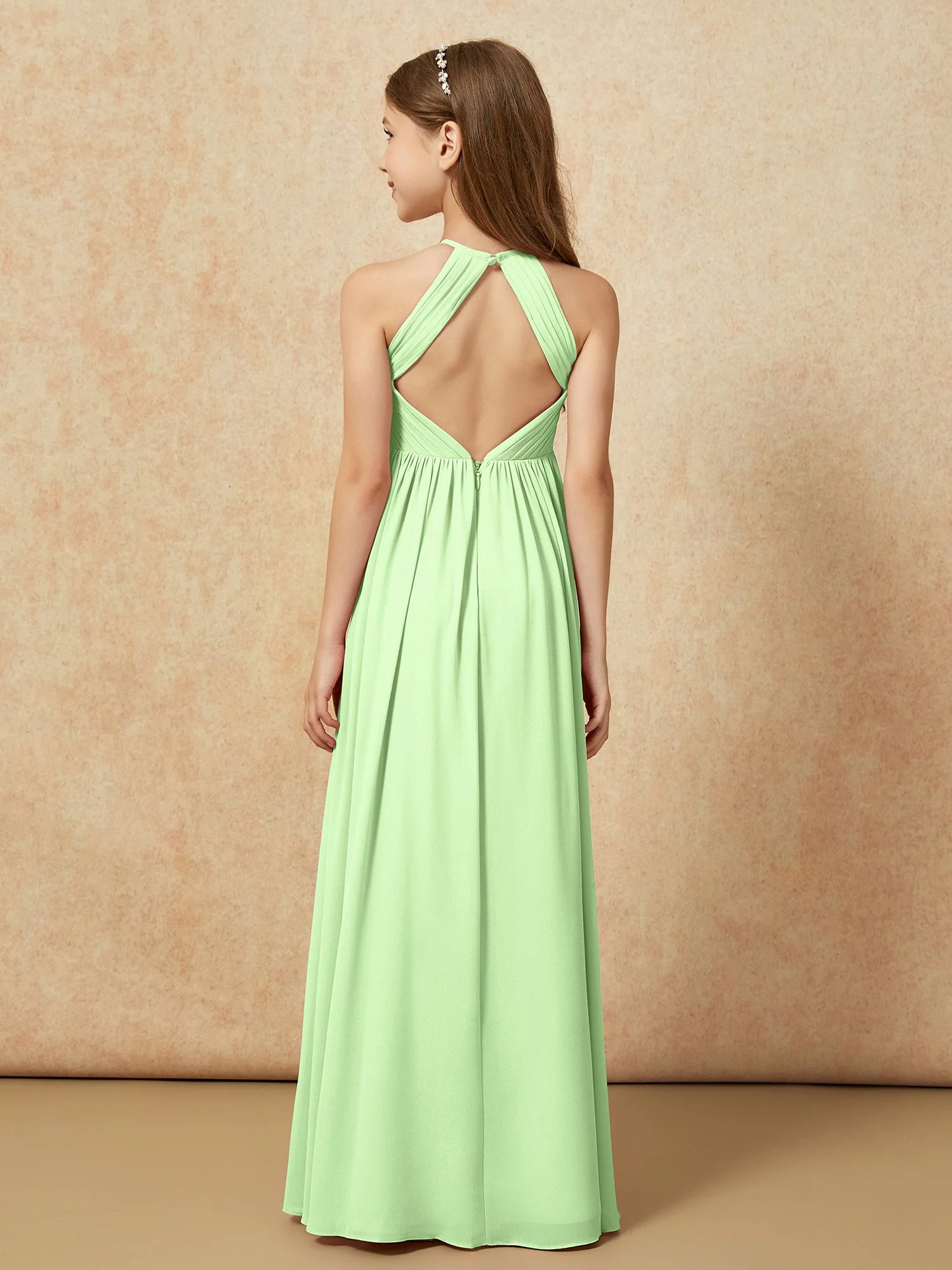 Halshalter Plissee Lang Chiffon Junge Brautjungfernkleider Salbei - Image 2