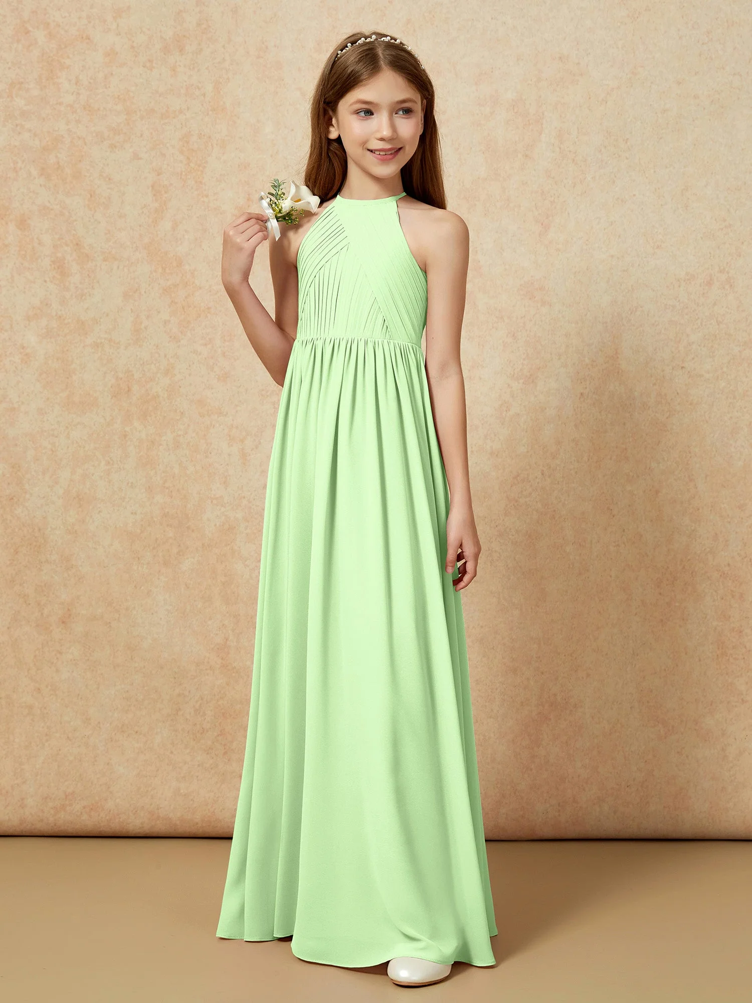 Halshalter Plissee Lang Chiffon Junge Brautjungfernkleider Salbei - Image 5