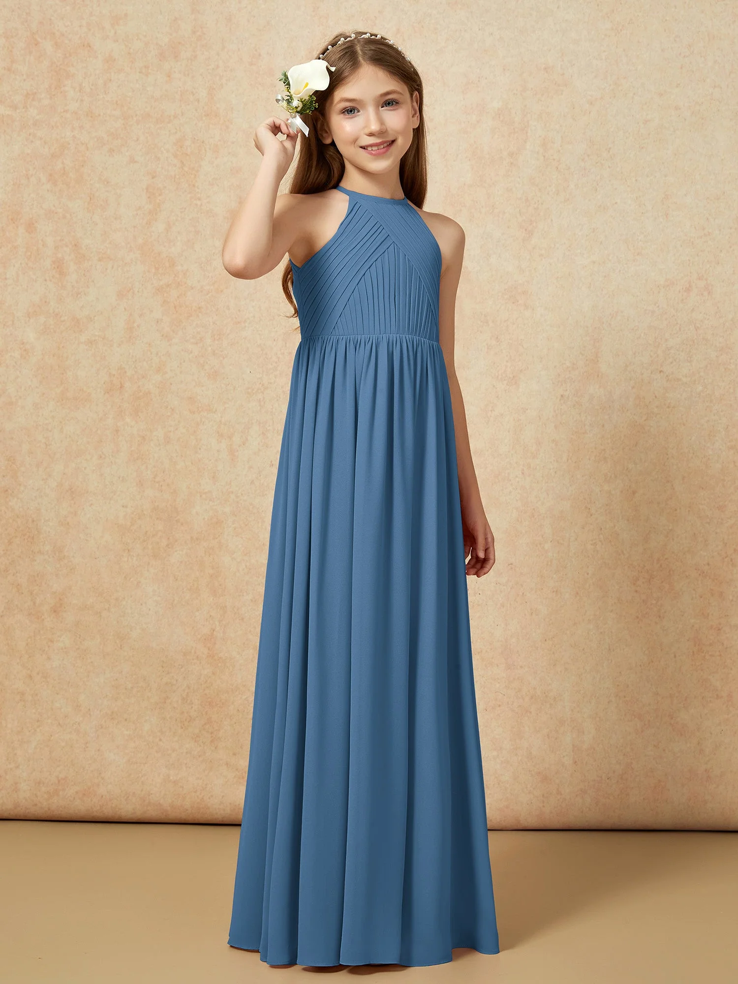 Halshalter Plissee Lang Chiffon Junge Brautjungfernkleider Schiefer Blau - Image 4