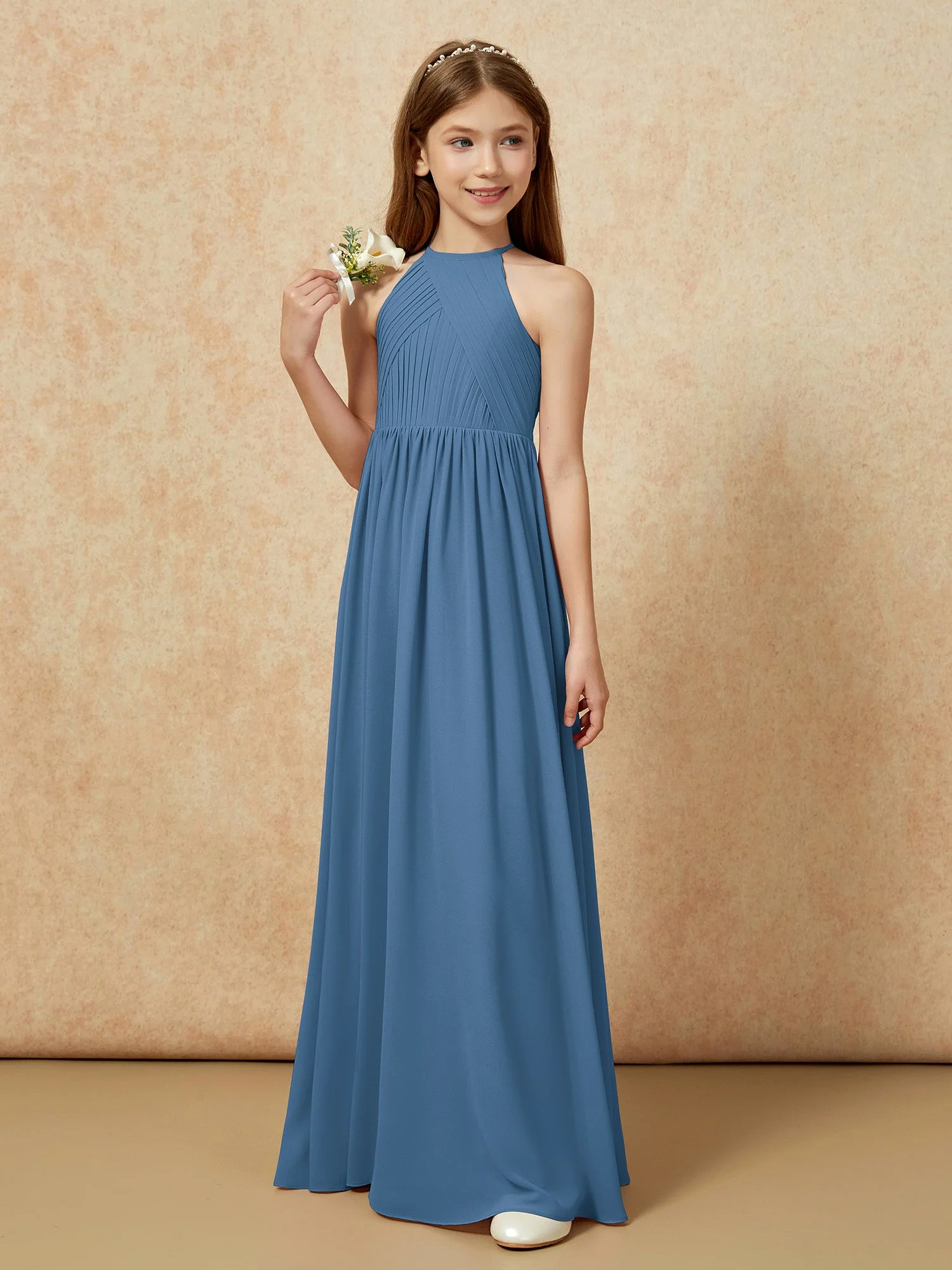 Halshalter Plissee Lang Chiffon Junge Brautjungfernkleider Schiefer Blau - Image 5