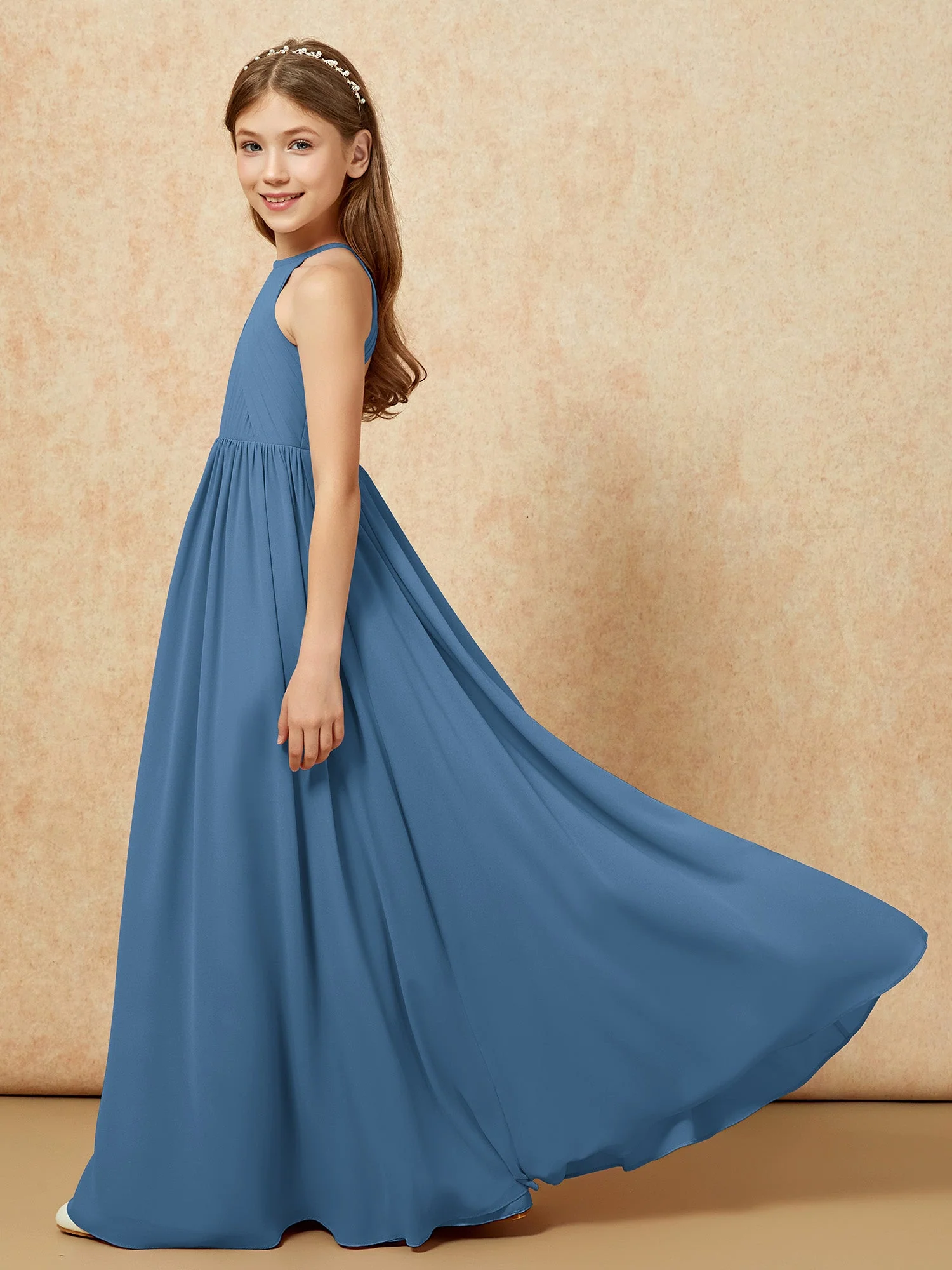 Halshalter Plissee Lang Chiffon Junge Brautjungfernkleider Schiefer Blau - Image 7