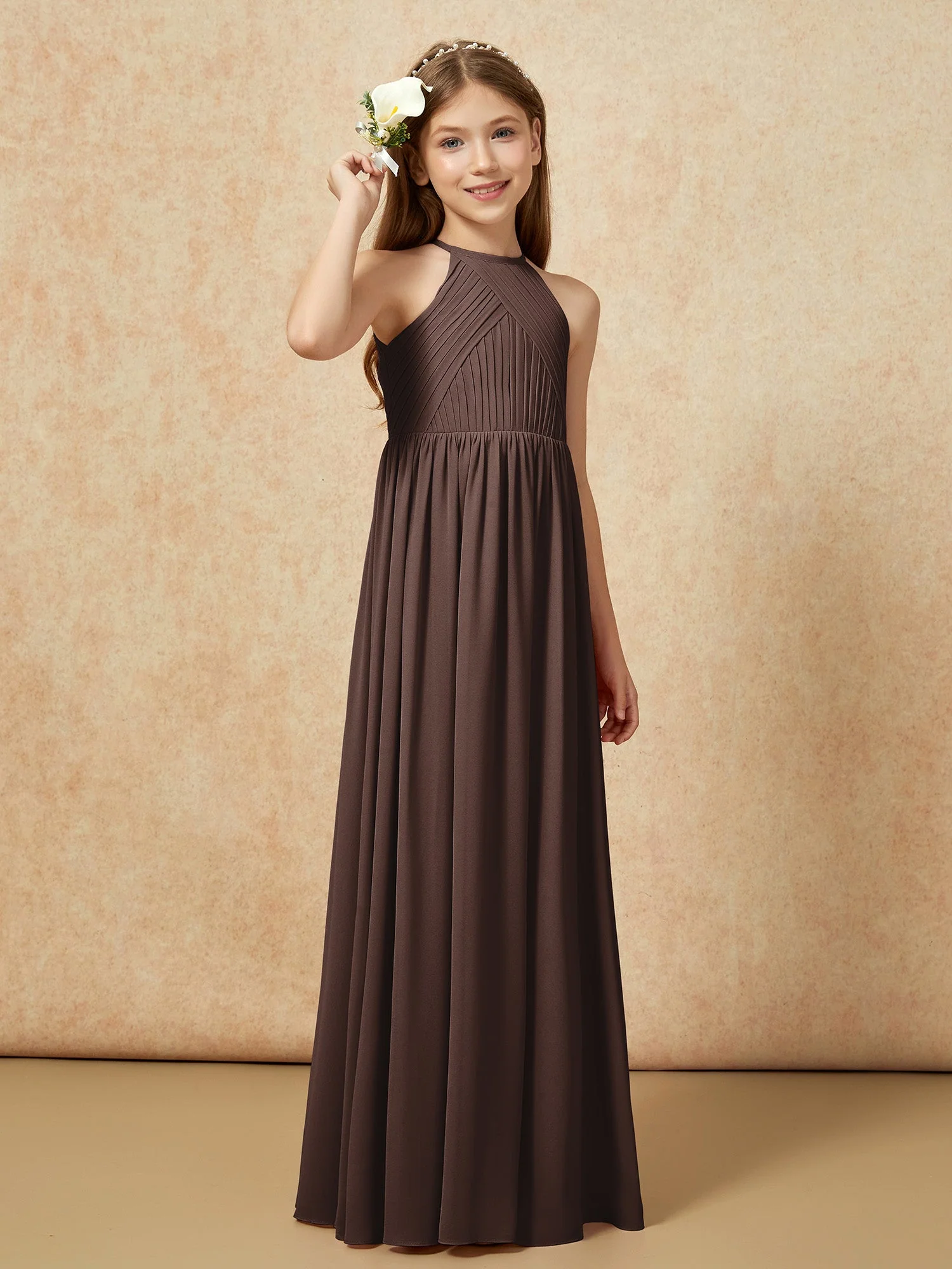 Halshalter Plissee Lang Chiffon Junge Brautjungfernkleider Schokolade - Image 4