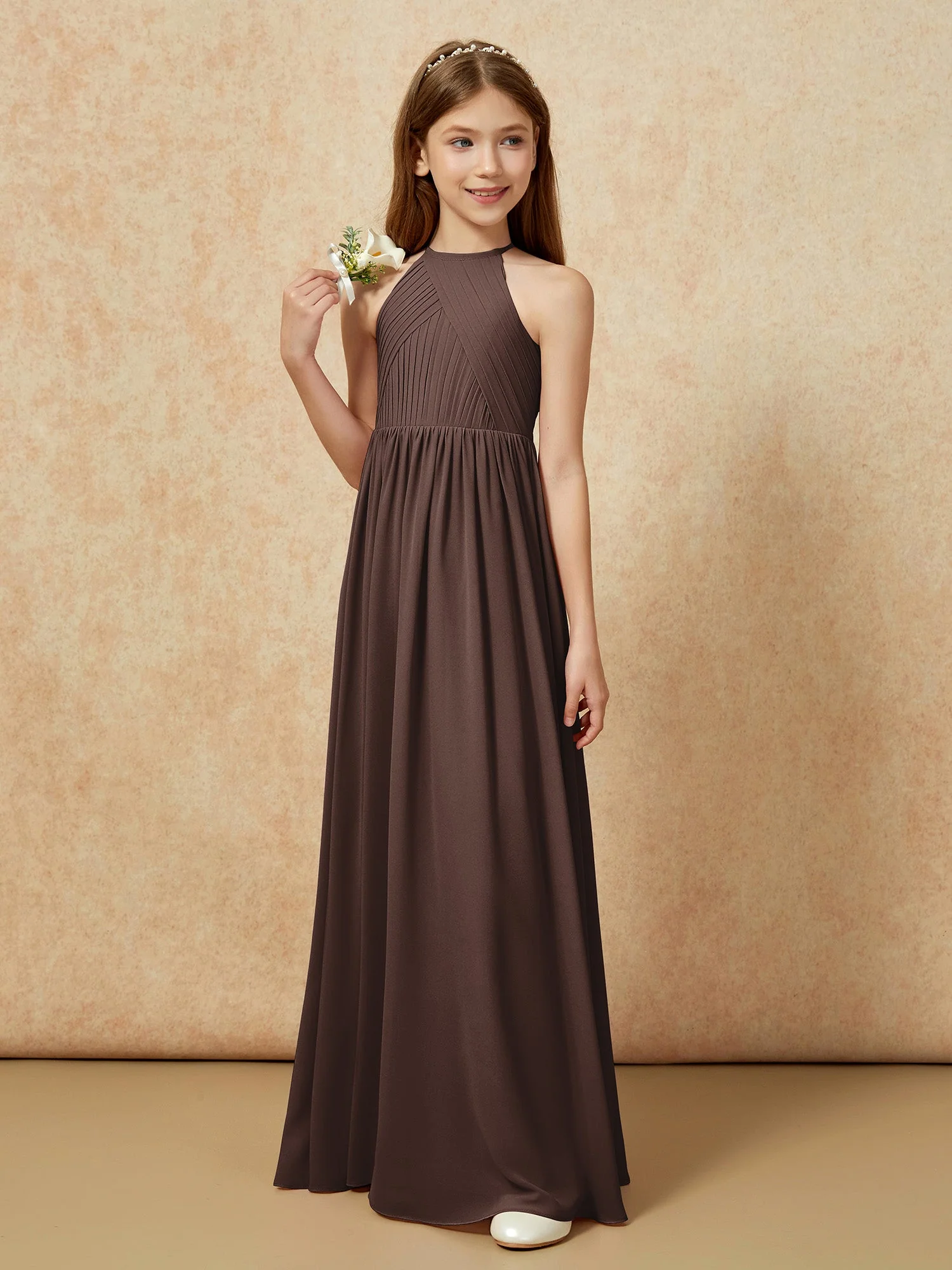 Halshalter Plissee Lang Chiffon Junge Brautjungfernkleider Schokolade - Image 5