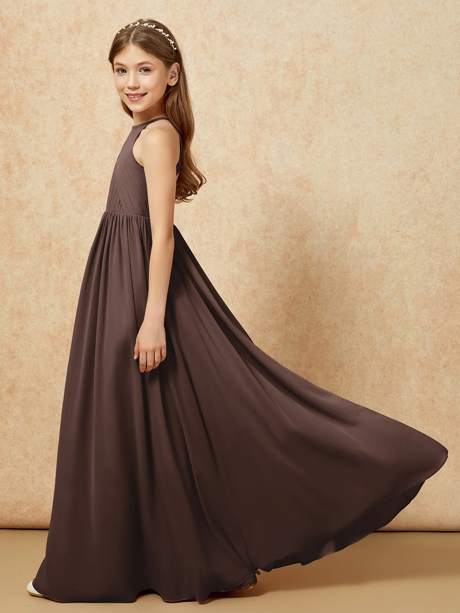 Halshalter Plissee Lang Chiffon Junge Brautjungfernkleider Schokolade - Image 7