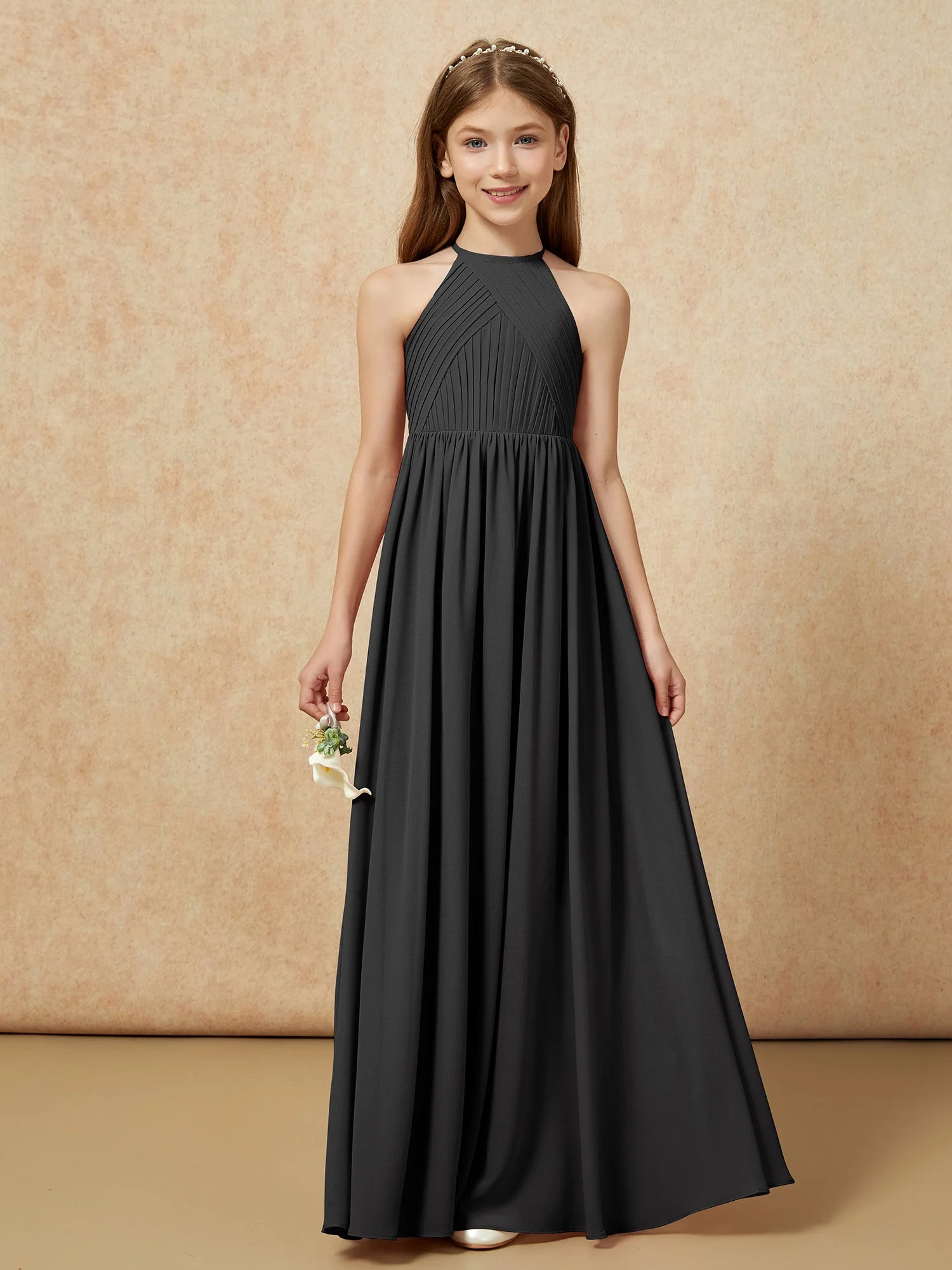 Halshalter Plissee Lang Chiffon Junge Brautjungfernkleider Schwarz