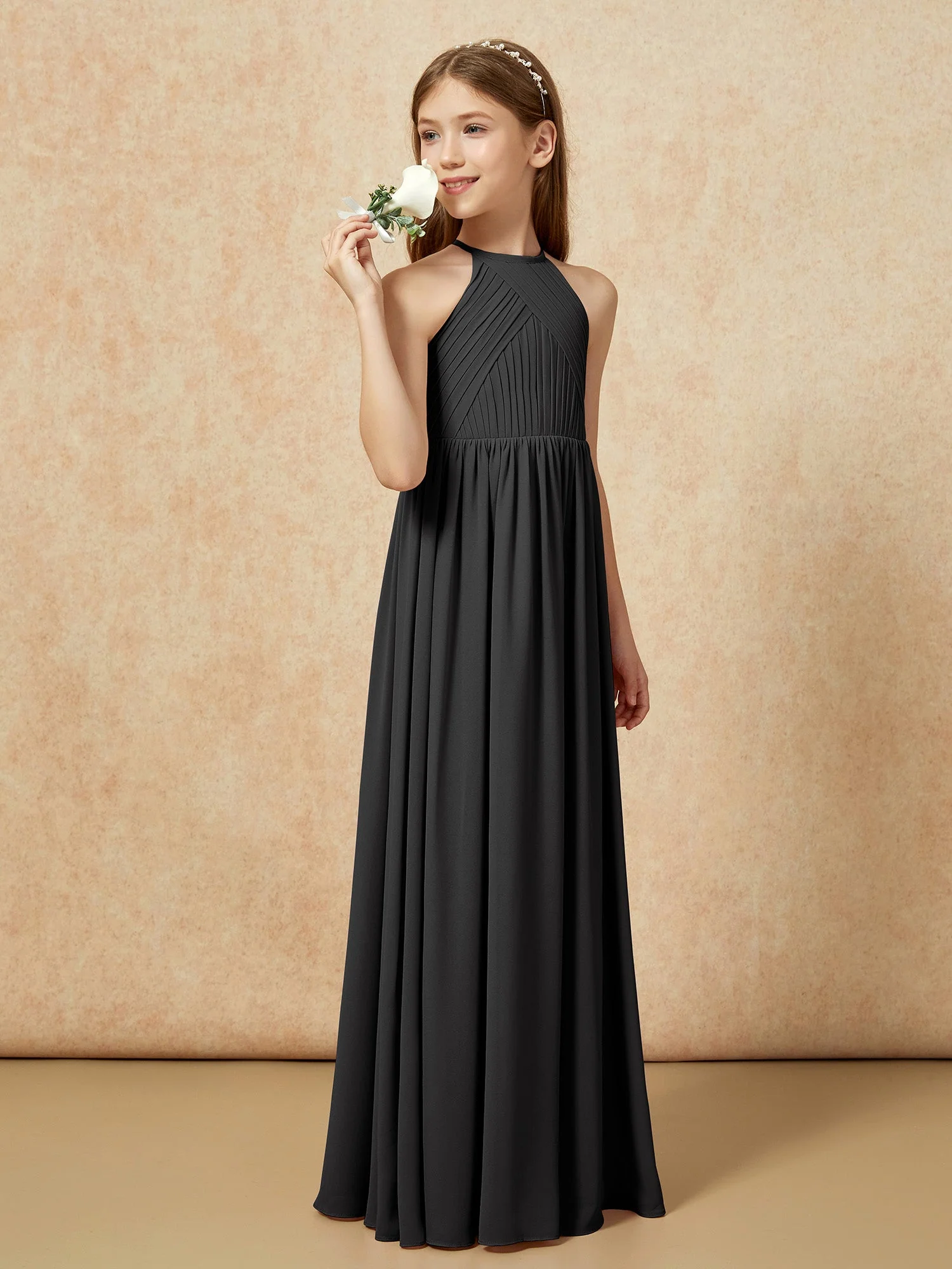 Halshalter Plissee Lang Chiffon Junge Brautjungfernkleider Schwarz - Image 3