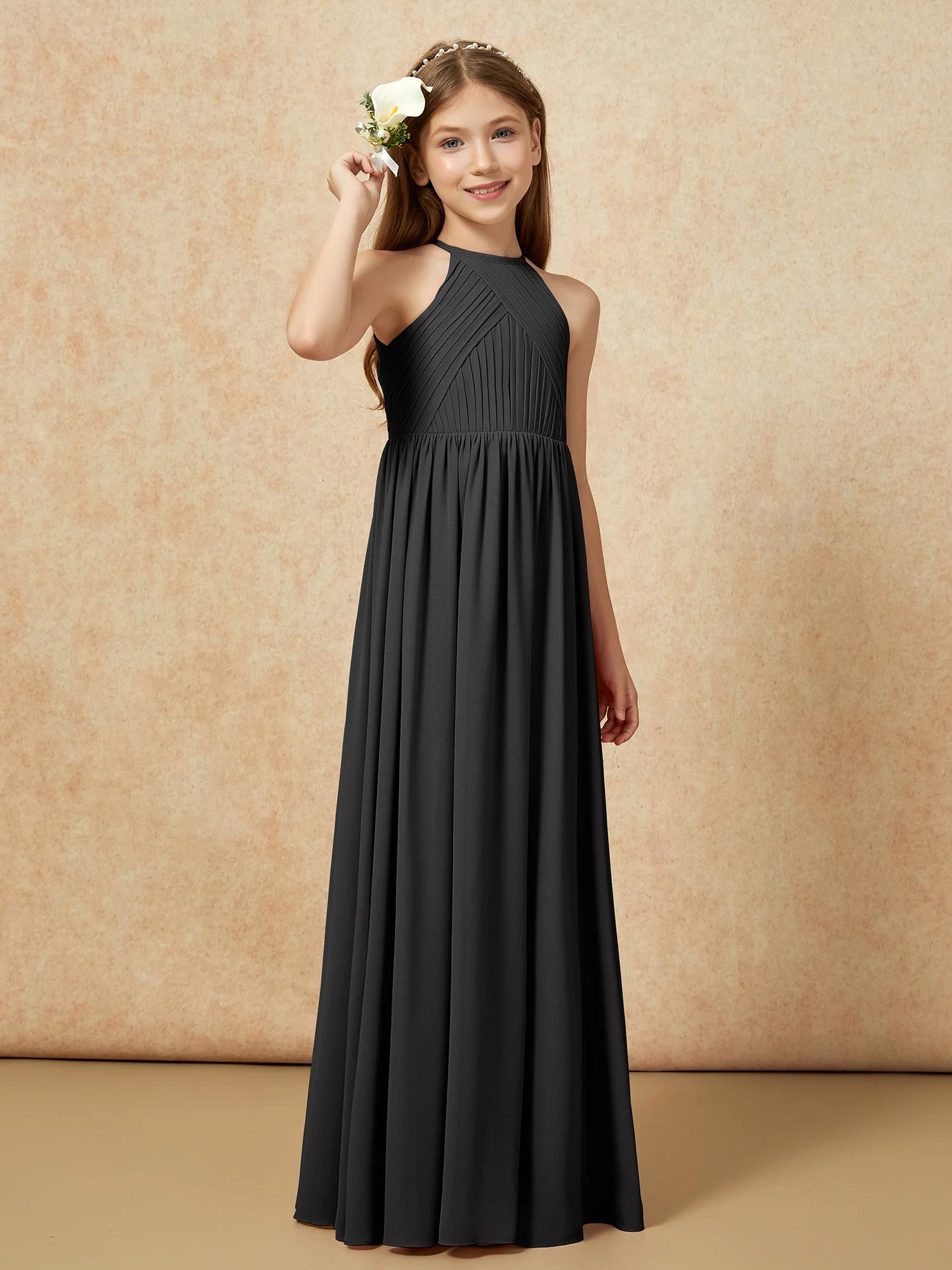 Halshalter Plissee Lang Chiffon Junge Brautjungfernkleider Schwarz - Image 4