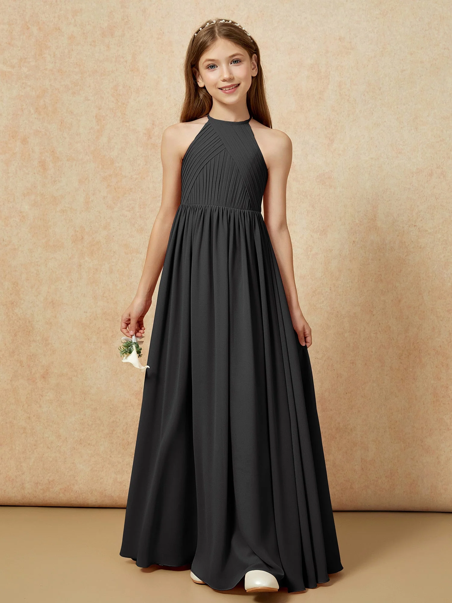 Halshalter Plissee Lang Chiffon Junge Brautjungfernkleider Schwarz - Image 6