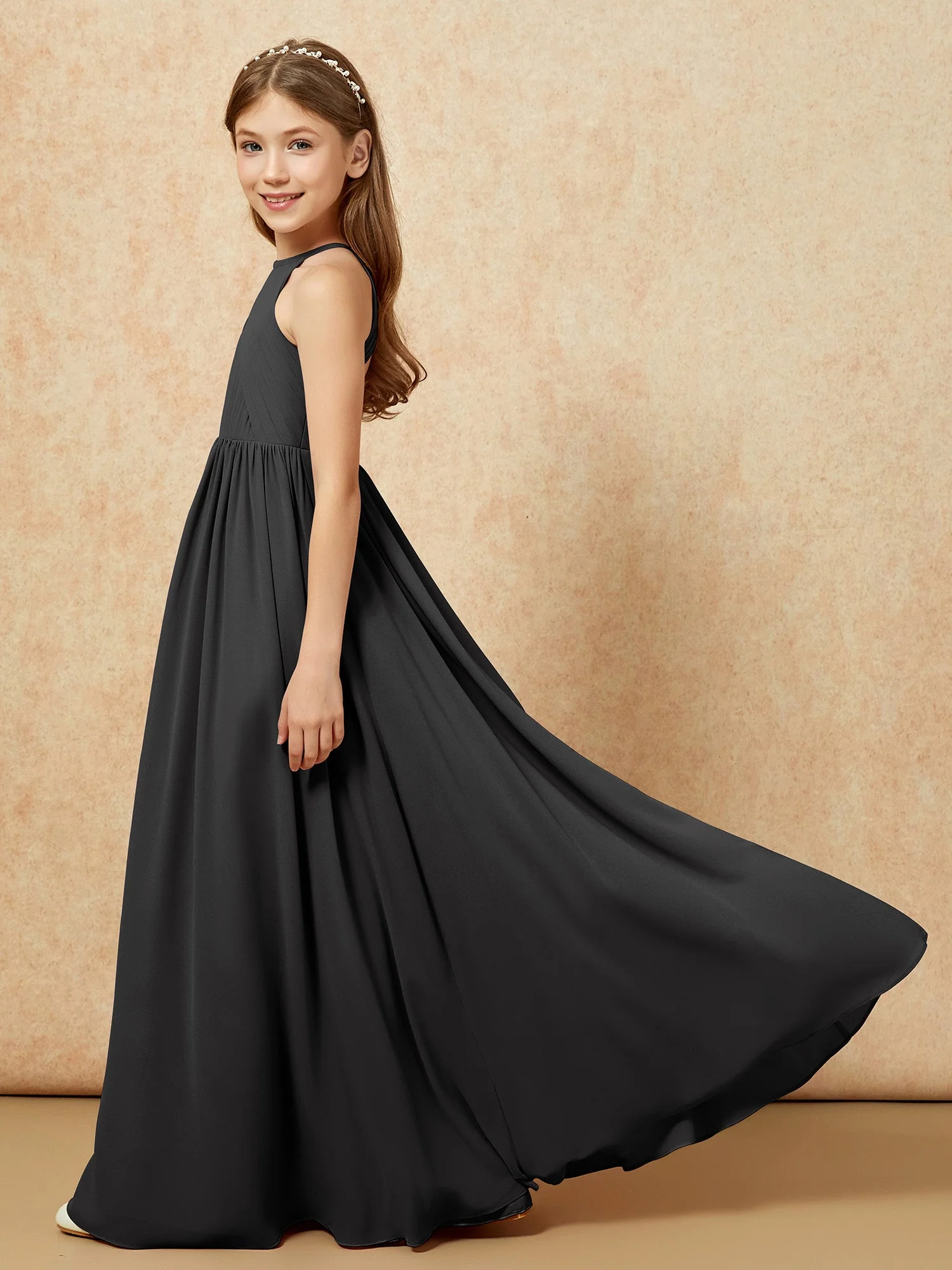 Halshalter Plissee Lang Chiffon Junge Brautjungfernkleider Schwarz - Image 7