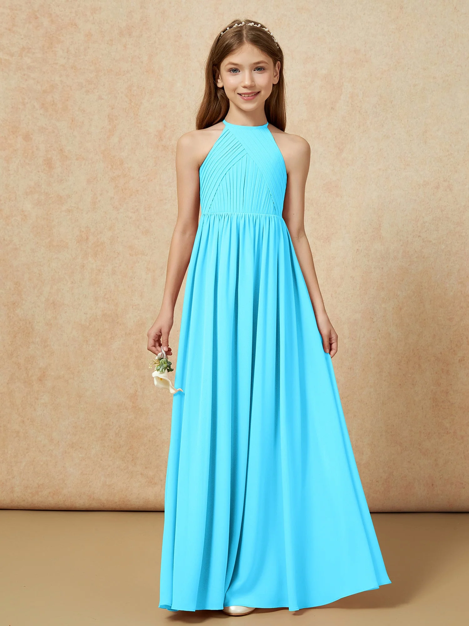 Halshalter Plissee Lang Chiffon Junge Brautjungfernkleider Schwimmbadblau