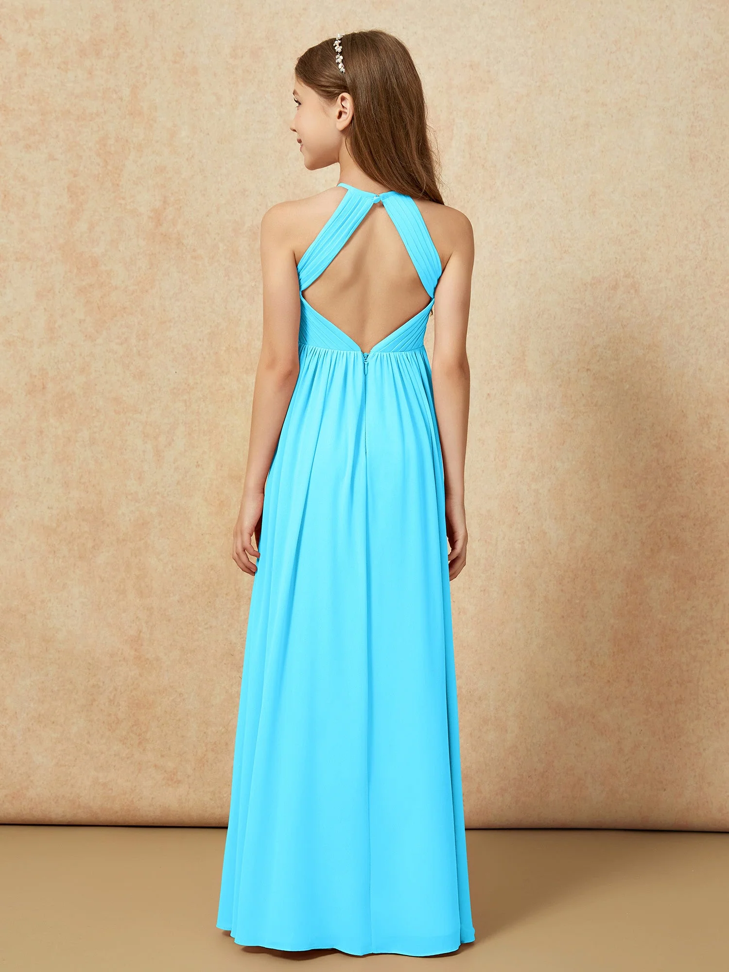 Halshalter Plissee Lang Chiffon Junge Brautjungfernkleider Schwimmbadblau - Image 2