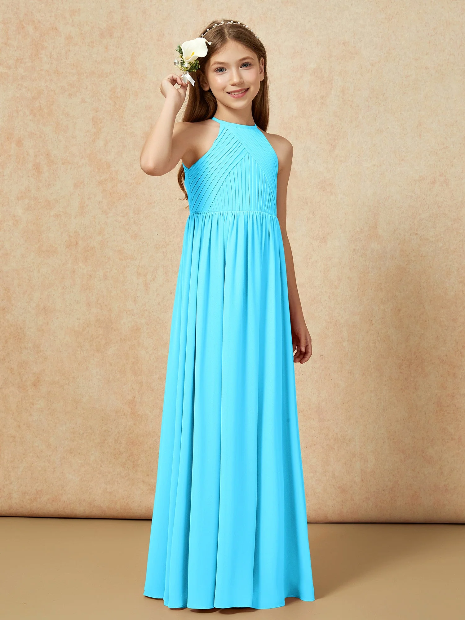 Halshalter Plissee Lang Chiffon Junge Brautjungfernkleider Schwimmbadblau - Image 4