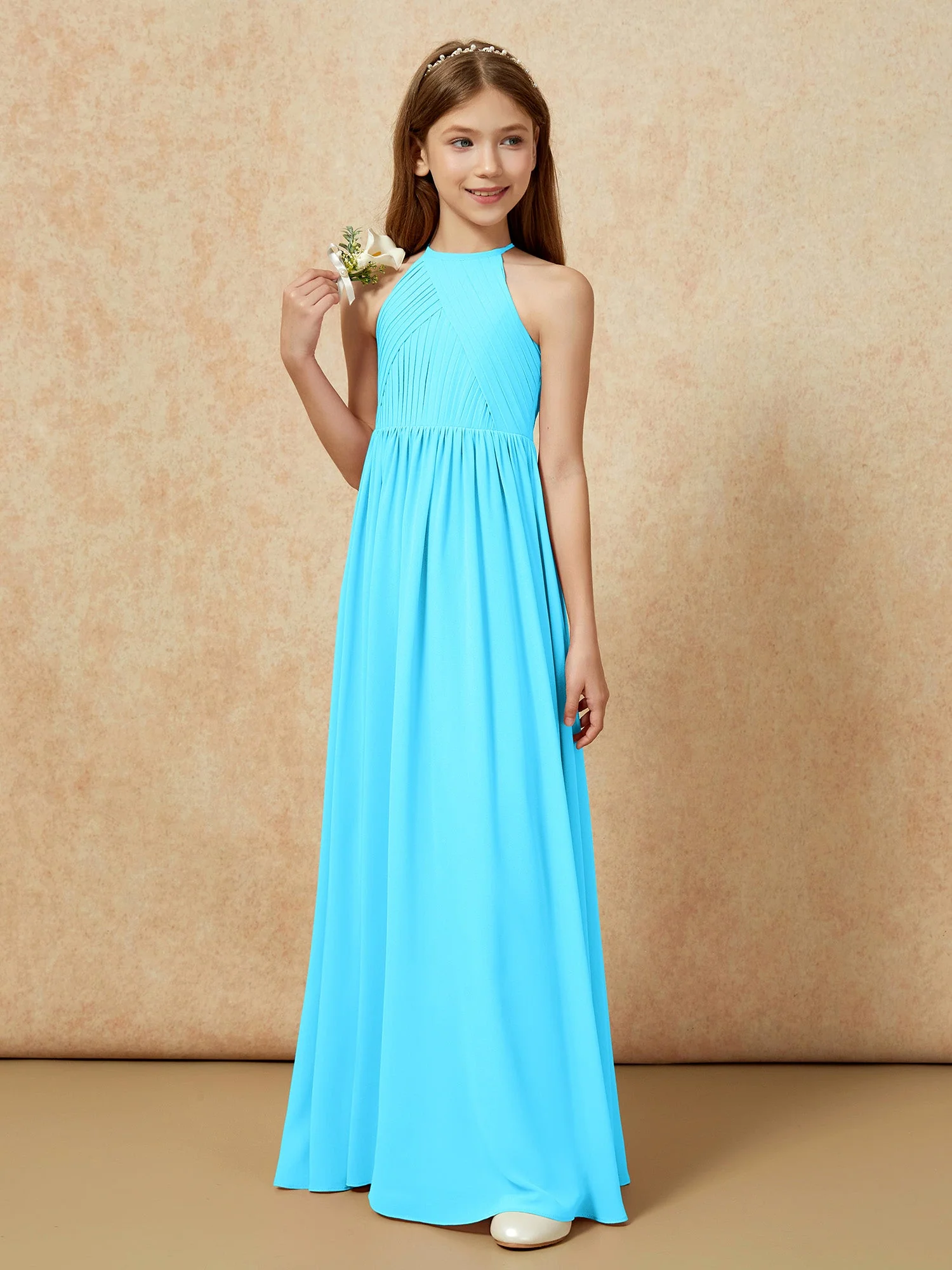 Halshalter Plissee Lang Chiffon Junge Brautjungfernkleider Schwimmbadblau - Image 5