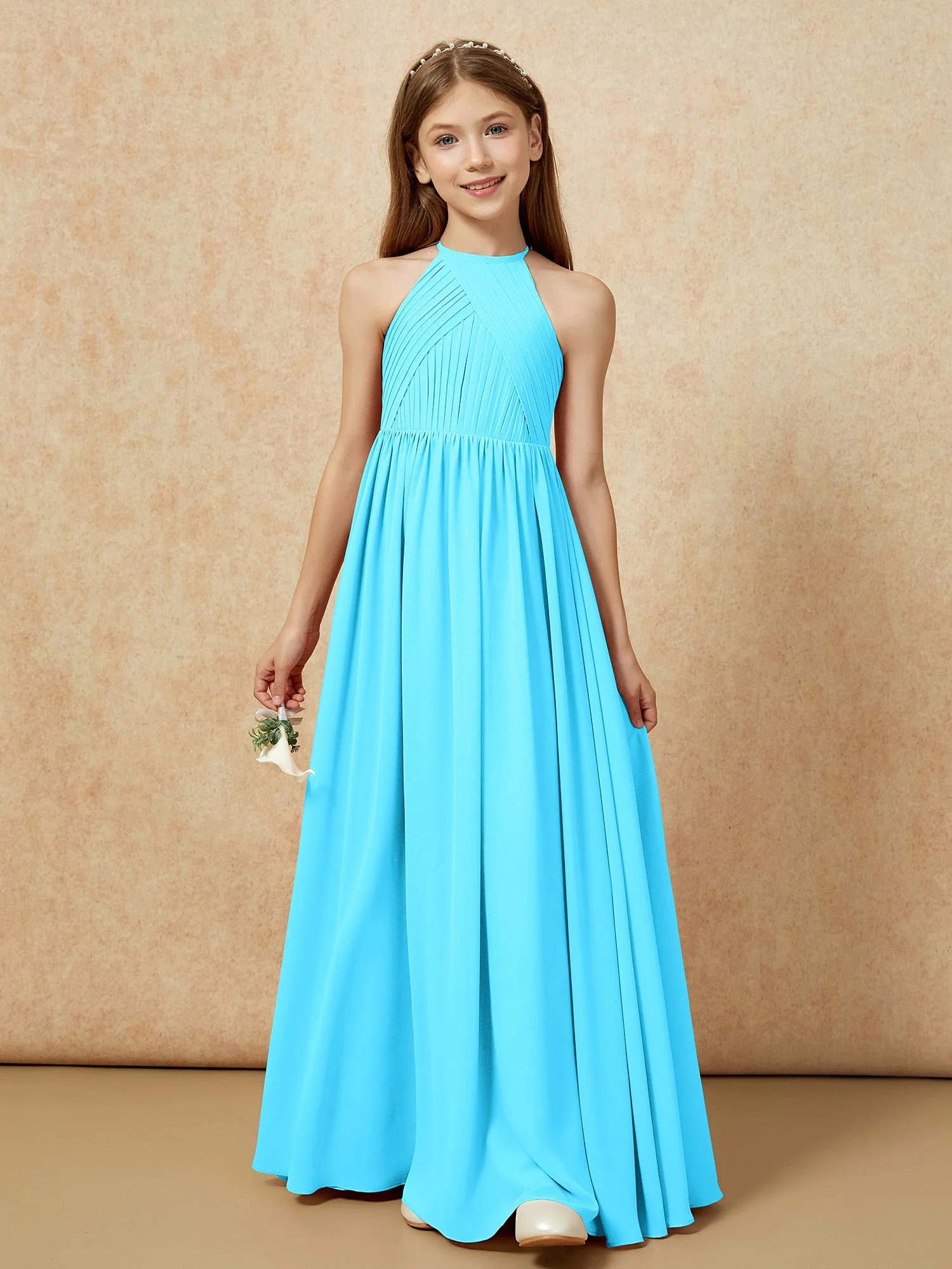 Halshalter Plissee Lang Chiffon Junge Brautjungfernkleider Schwimmbadblau - Image 6
