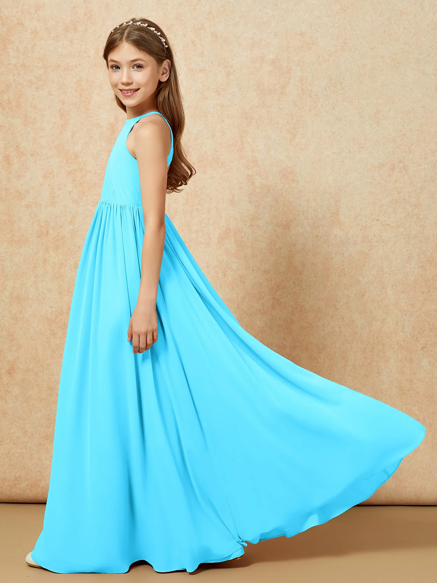 Halshalter Plissee Lang Chiffon Junge Brautjungfernkleider Schwimmbadblau - Image 7