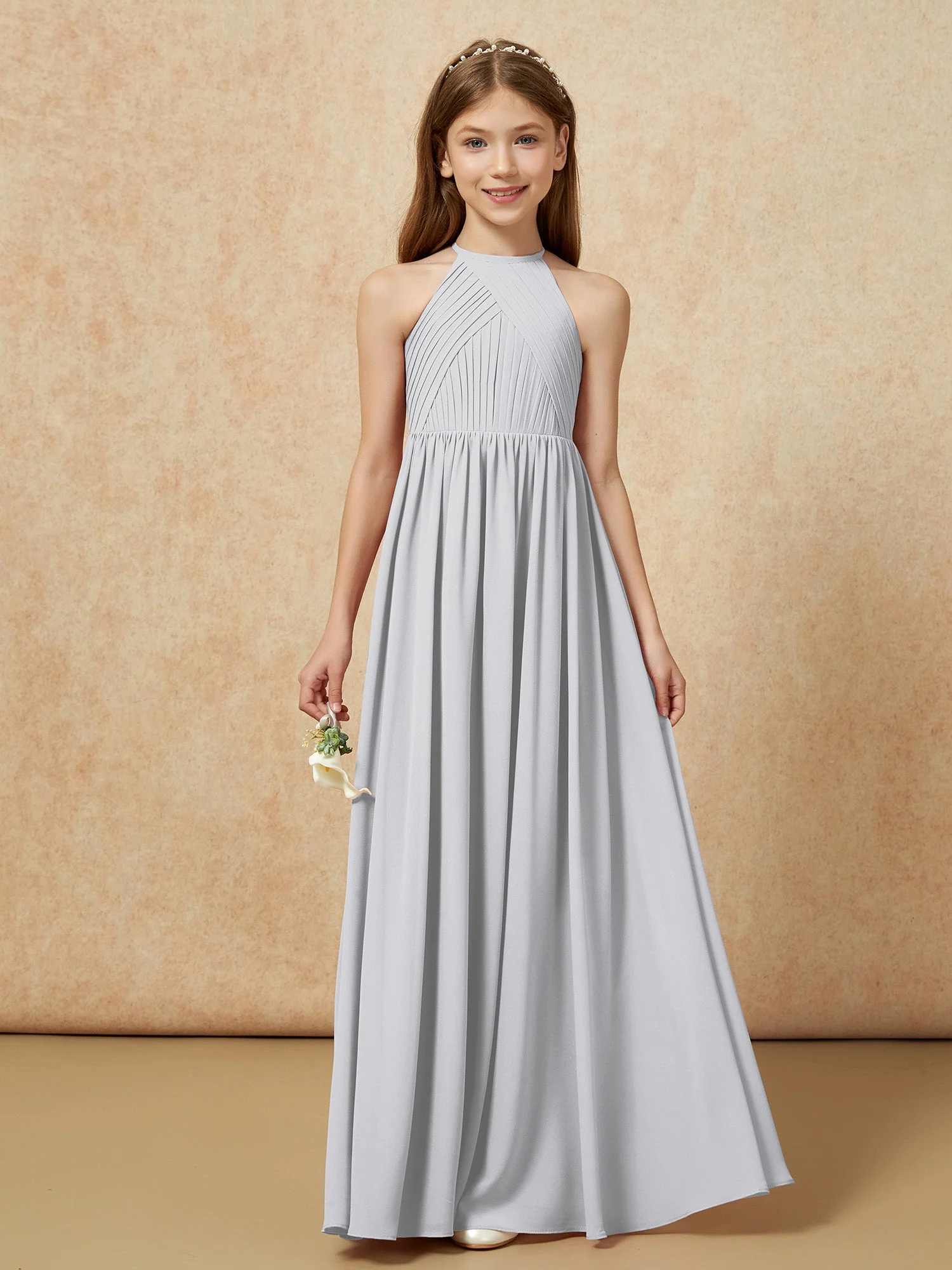 Halshalter Plissee Lang Chiffon Junge Brautjungfernkleider Silber