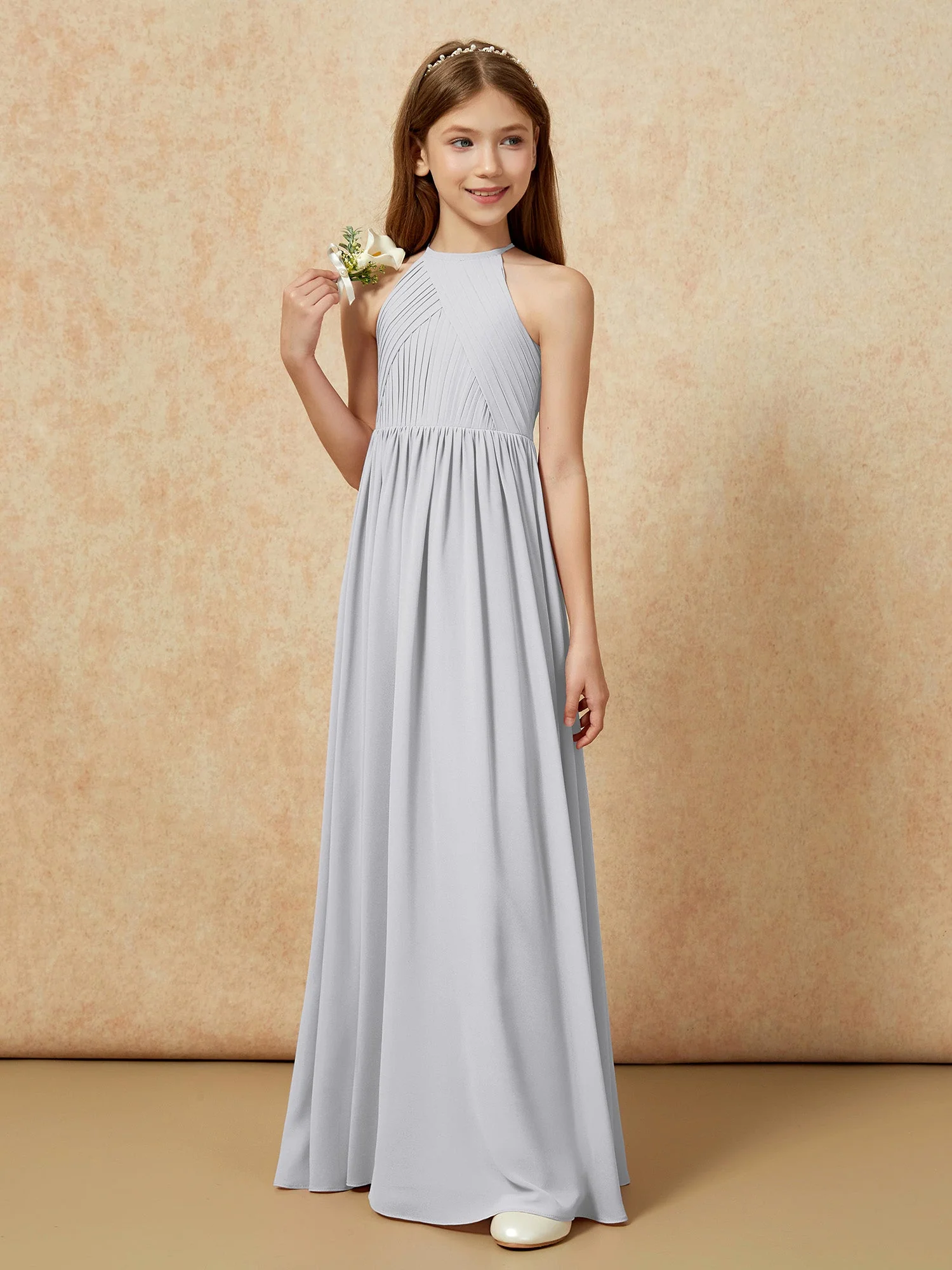 Halshalter Plissee Lang Chiffon Junge Brautjungfernkleider Silber - Image 5