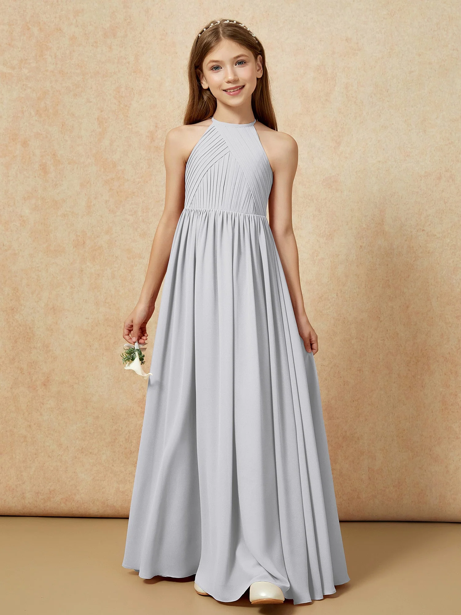 Halshalter Plissee Lang Chiffon Junge Brautjungfernkleider Silber - Image 6