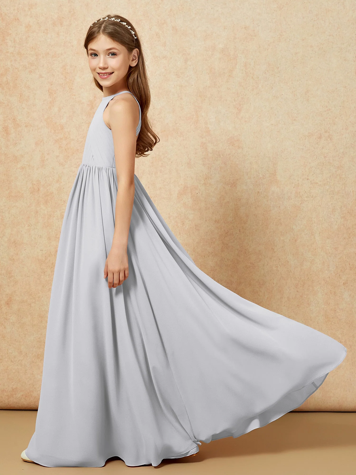 Halshalter Plissee Lang Chiffon Junge Brautjungfernkleider Silber - Image 7