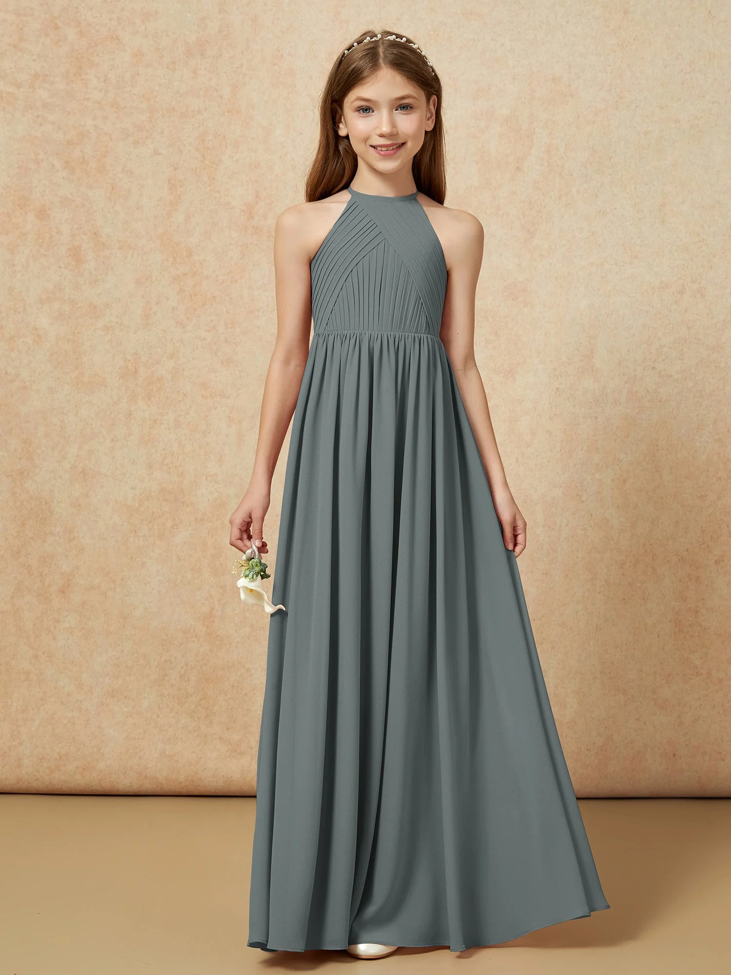 Halshalter Plissee Lang Chiffon Junge Brautjungfernkleider Stahlgrau