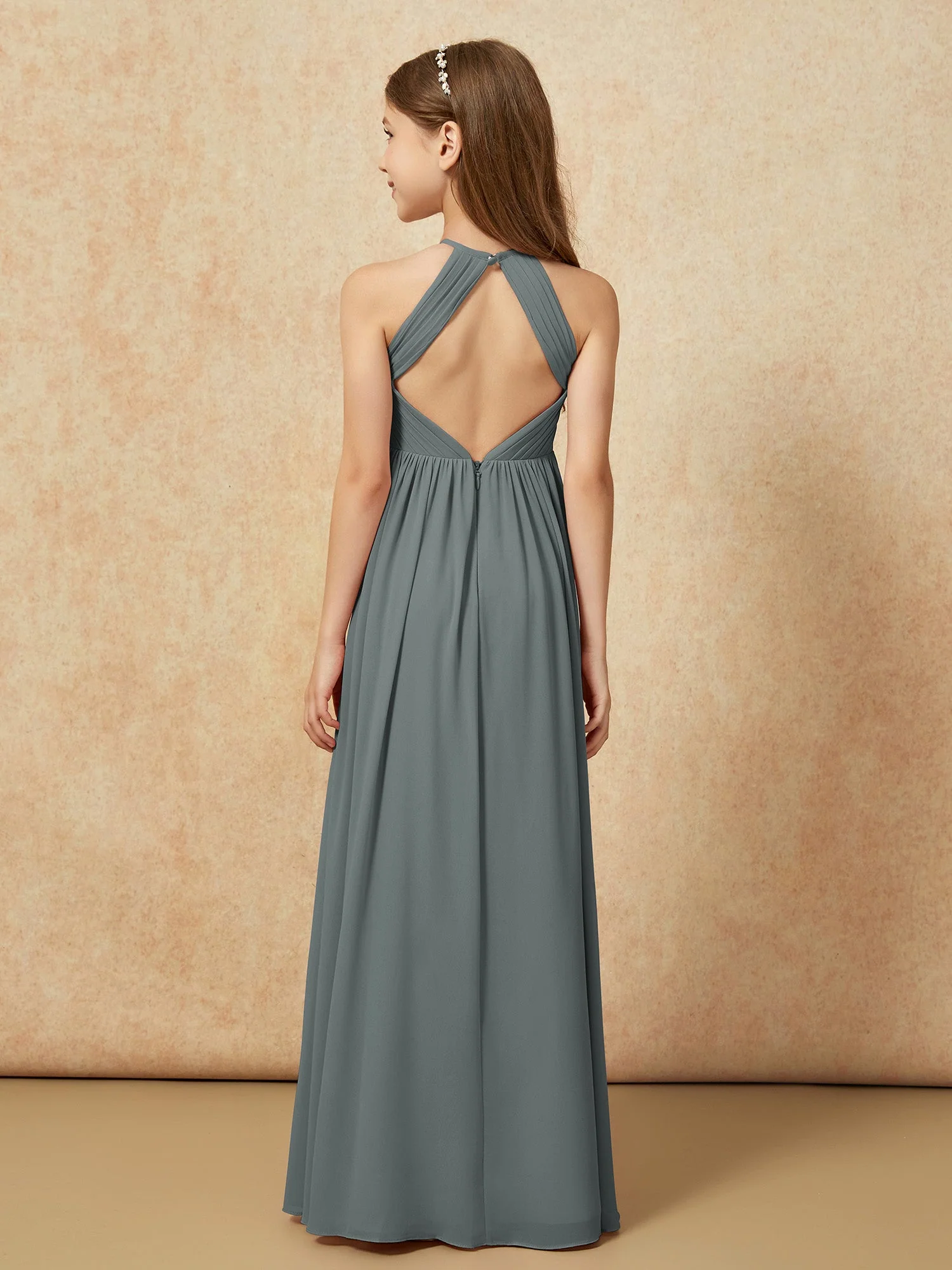 Halshalter Plissee Lang Chiffon Junge Brautjungfernkleider Stahlgrau - Image 2