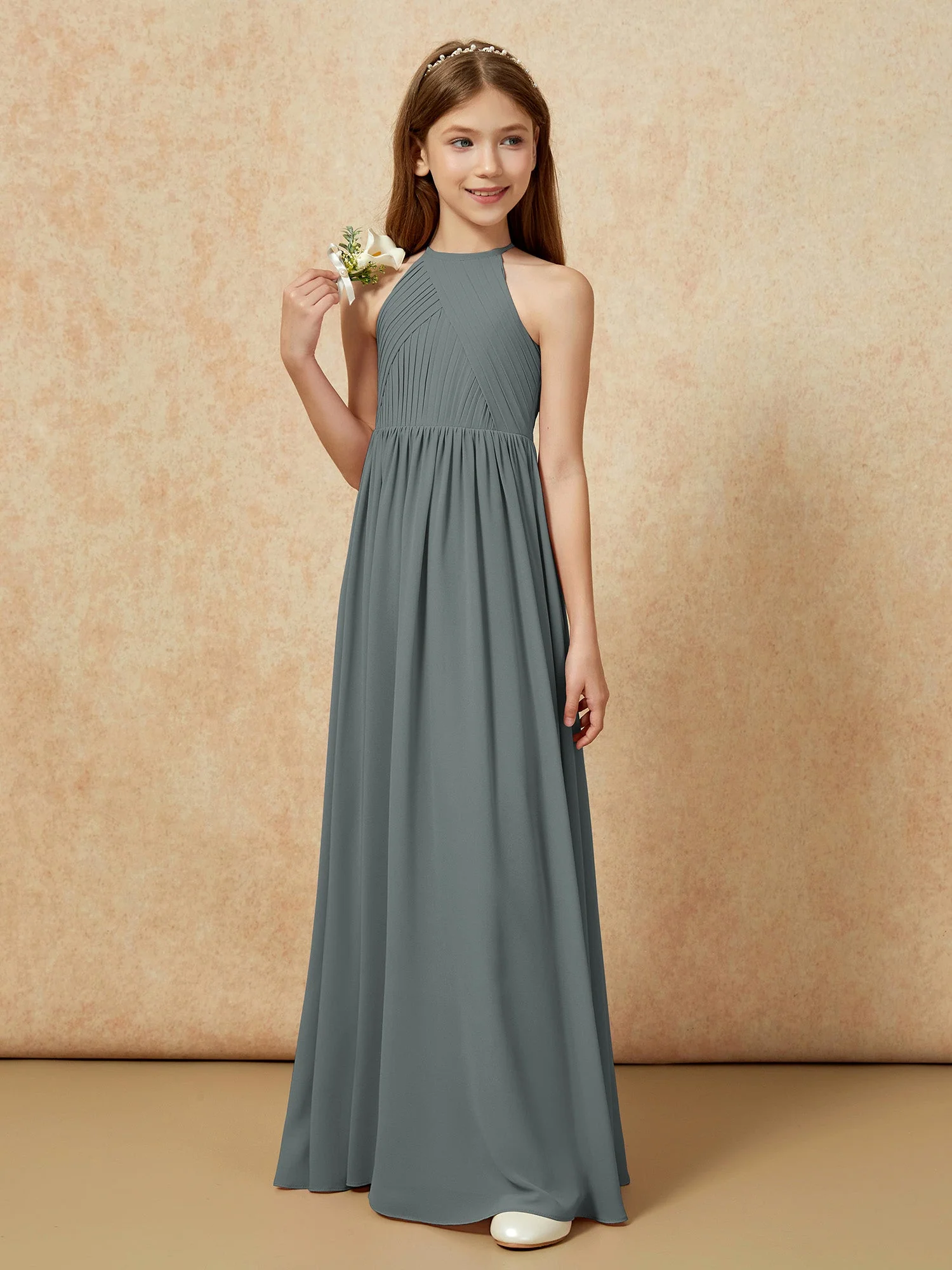 Halshalter Plissee Lang Chiffon Junge Brautjungfernkleider Stahlgrau - Image 5
