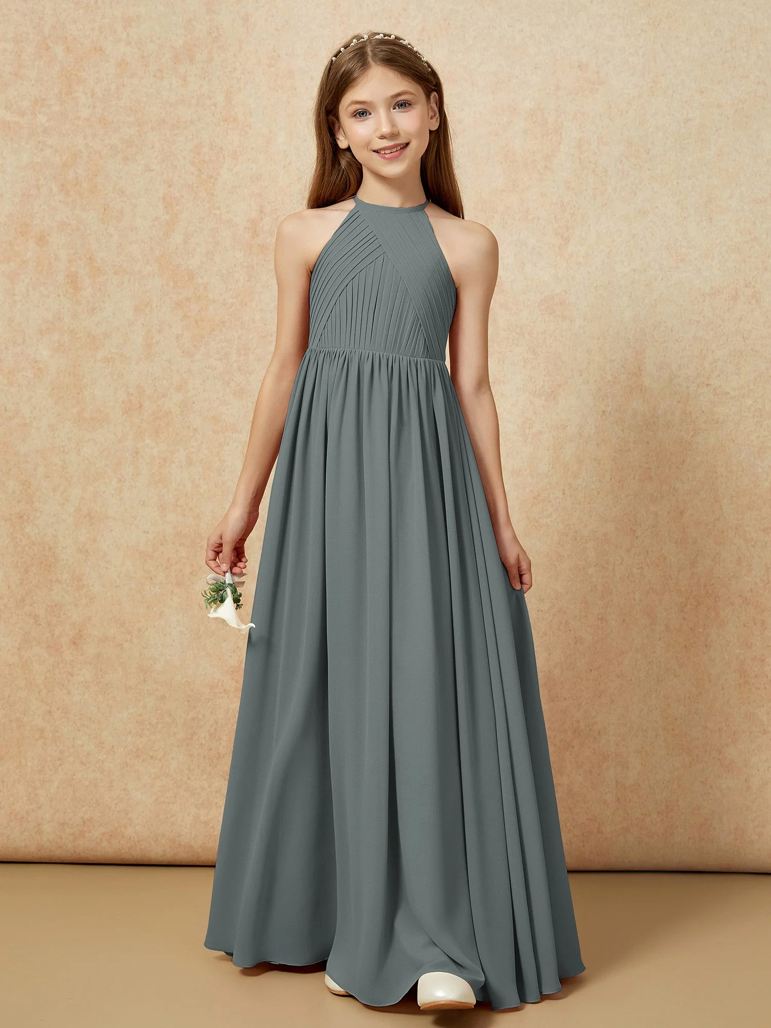 Halshalter Plissee Lang Chiffon Junge Brautjungfernkleider Stahlgrau - Image 6