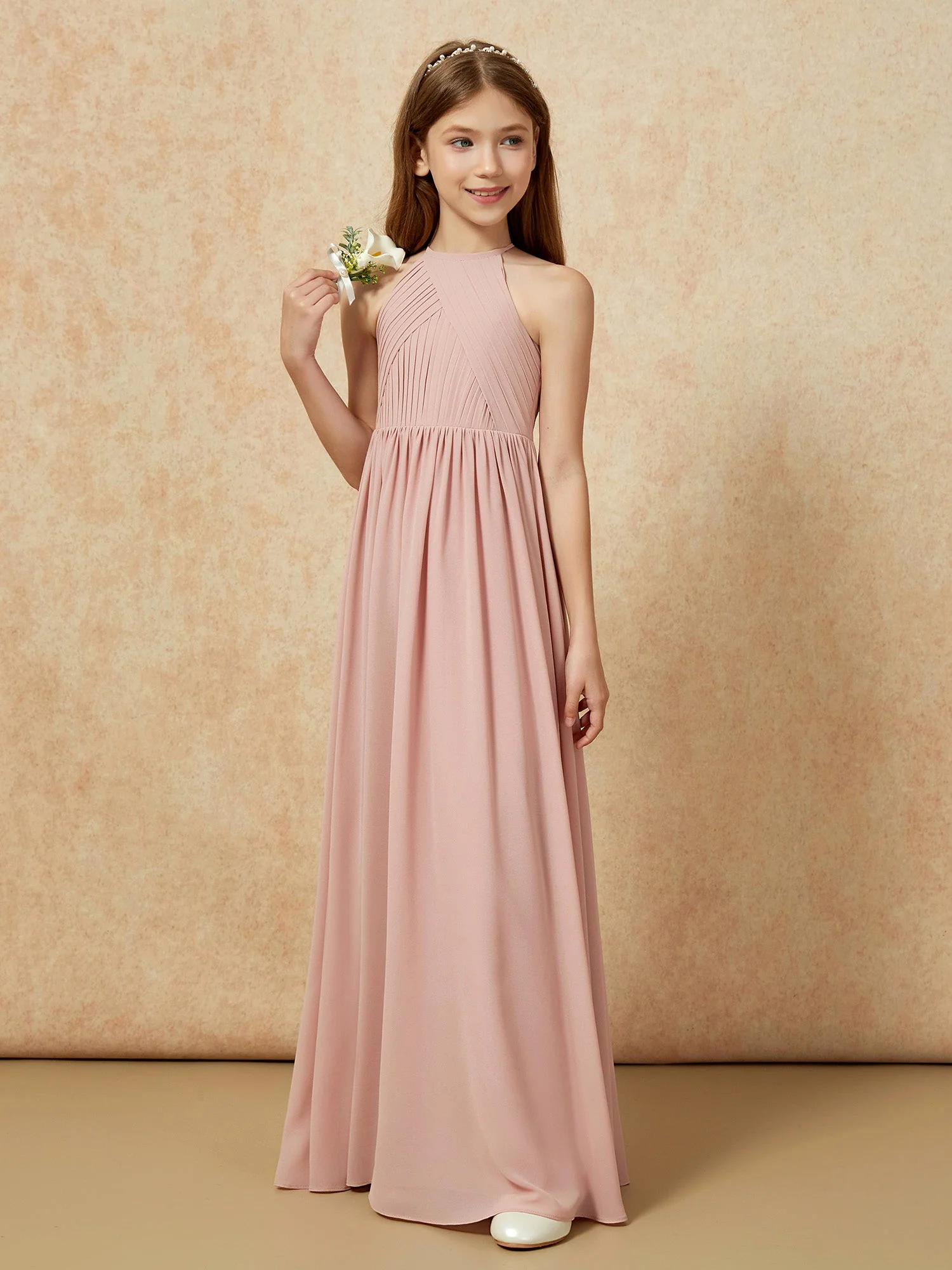 Halshalter Plissee Lang Chiffon Junge Brautjungfernkleider Staubige Rosa - Image 5
