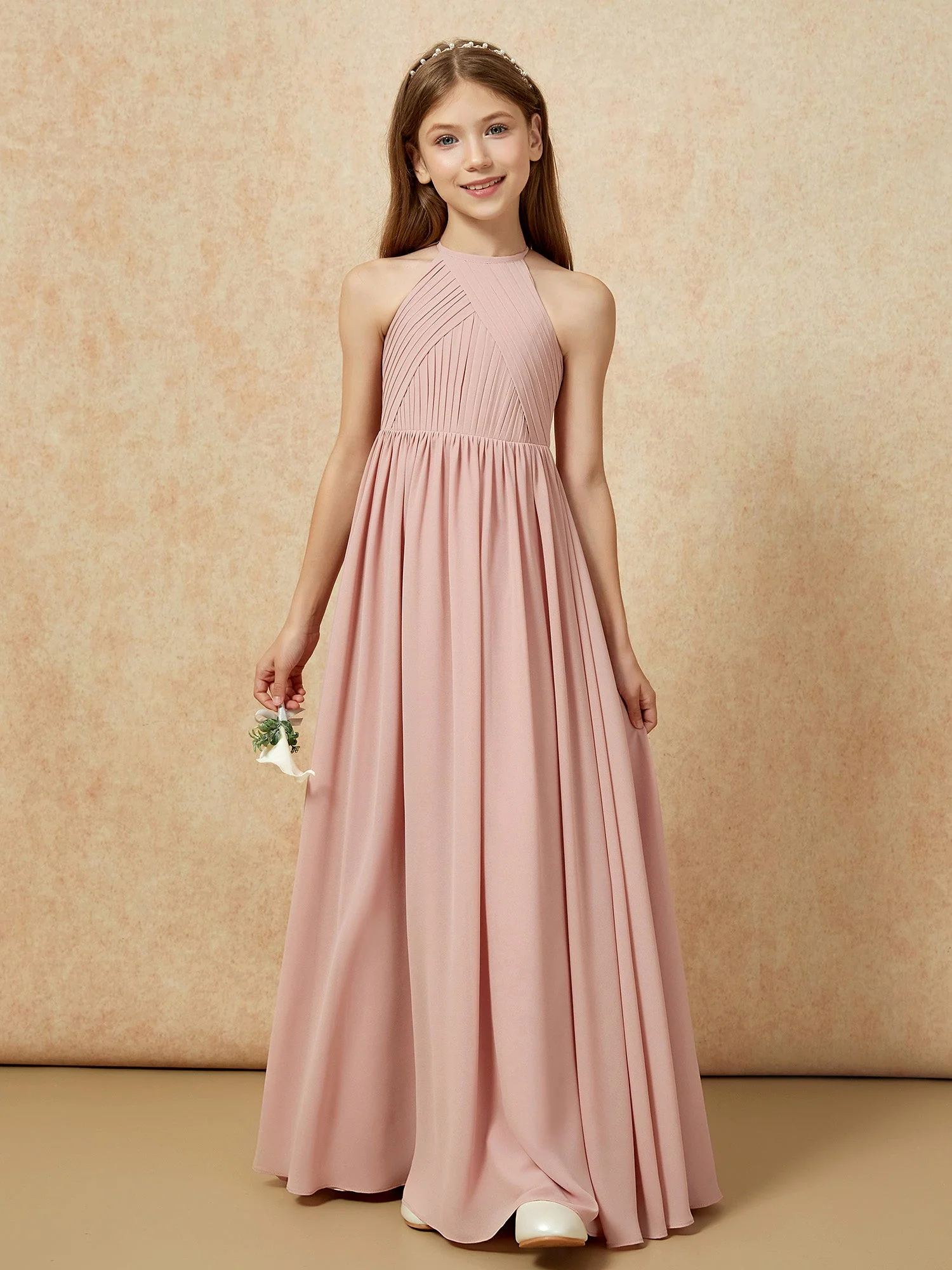 Halshalter Plissee Lang Chiffon Junge Brautjungfernkleider Staubige Rosa - Image 6