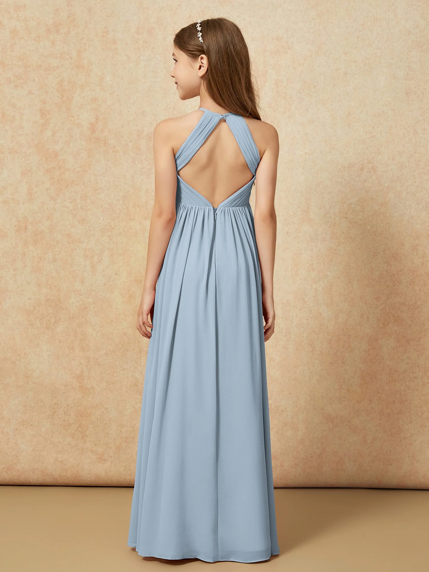 Halshalter Plissee Lang Chiffon Junge Brautjungfernkleider Staubiges Blau - Image 2
